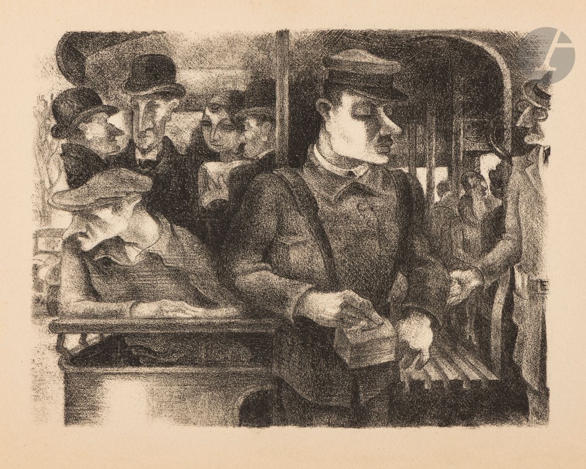 Yves Alix - Capon - Ceria - Clairin
Gernez - Gimmi - Latapie
Lotiron - Savin - Vergé-Sarrat
La Rue à Paris. Ten lithographs. Paris, L'Amour de l'Art ed. [1930]. An album, [330 x 260], containing 10 lithographs. Very fine proofs on cream glazed vellum. Full margins. Very rare. Edition's gray vellum flap jacket with printed label (slightly faded).