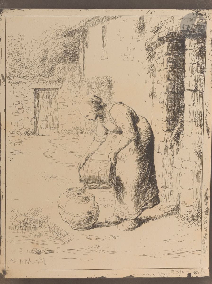 Jean-François Millet (1814-1875) 
Woman emptying a bucket. 1862. Glass plate. [243 x 325]. Delteil 28. A very fine proof printed in bistré black on thin buff wove paper, an earlier attempt than the print run for Quarante clichés-glace de Corot, Daubigny, Delacroix, Millet, Rousseau tirés sur les plaques provenant de la Collection de M. Cuvelier, in Paris with Maurice Le Garrec, 1921.