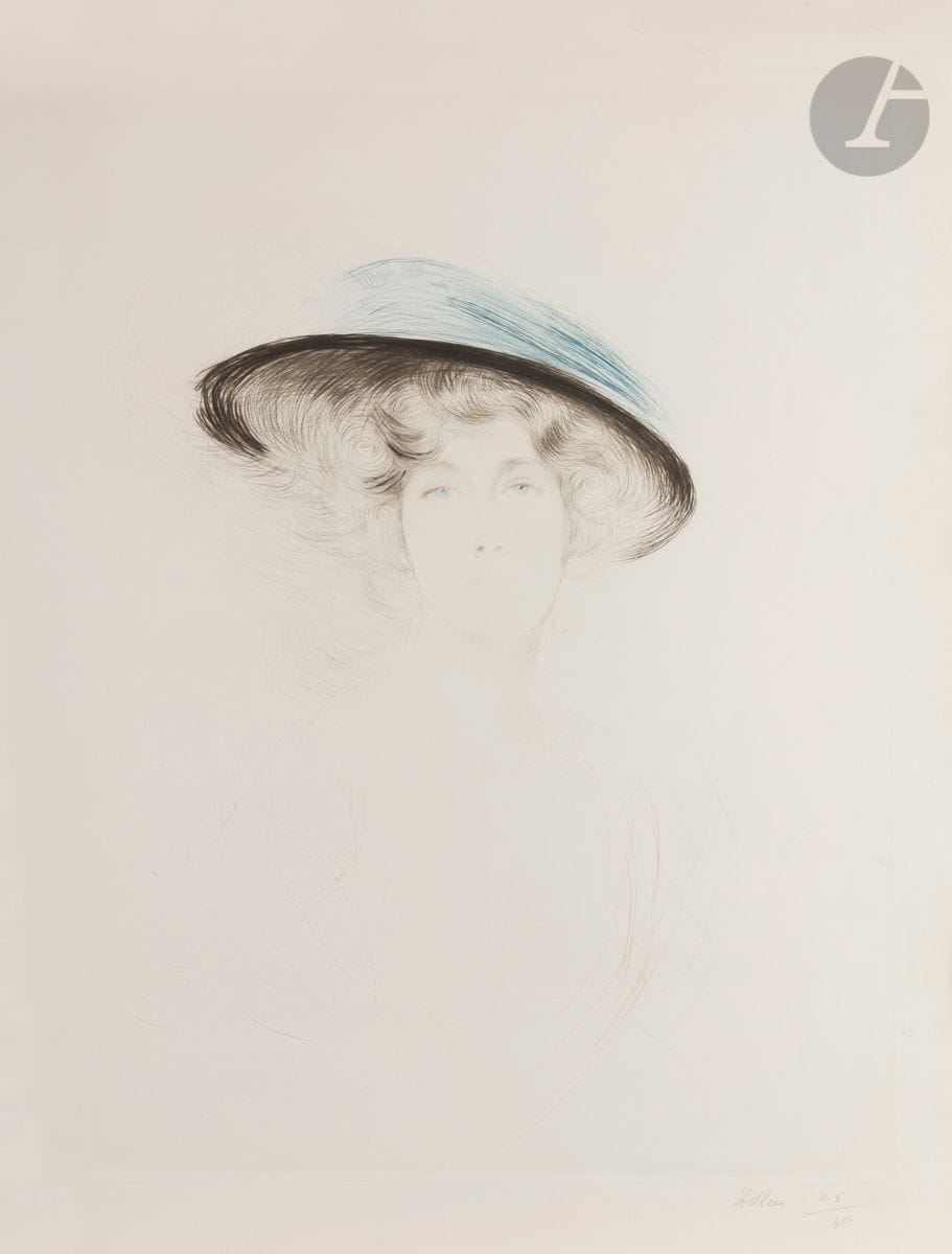 Paul-César Helleu (1859-1927) 
Portrait de Liane de Pougy. Vers 1900. Pointe sèche. 445 x 580. Impression en couleurs. Belle épreuve d’état sur vélin blanc fort, avant la planche de brun dans les cheveux, avant renforcement du rouge dans la bouche, revêtue d’une annotation au crayon « Helleu 23/40 », soigneusement lavée et réencollée. Bonnes marges.