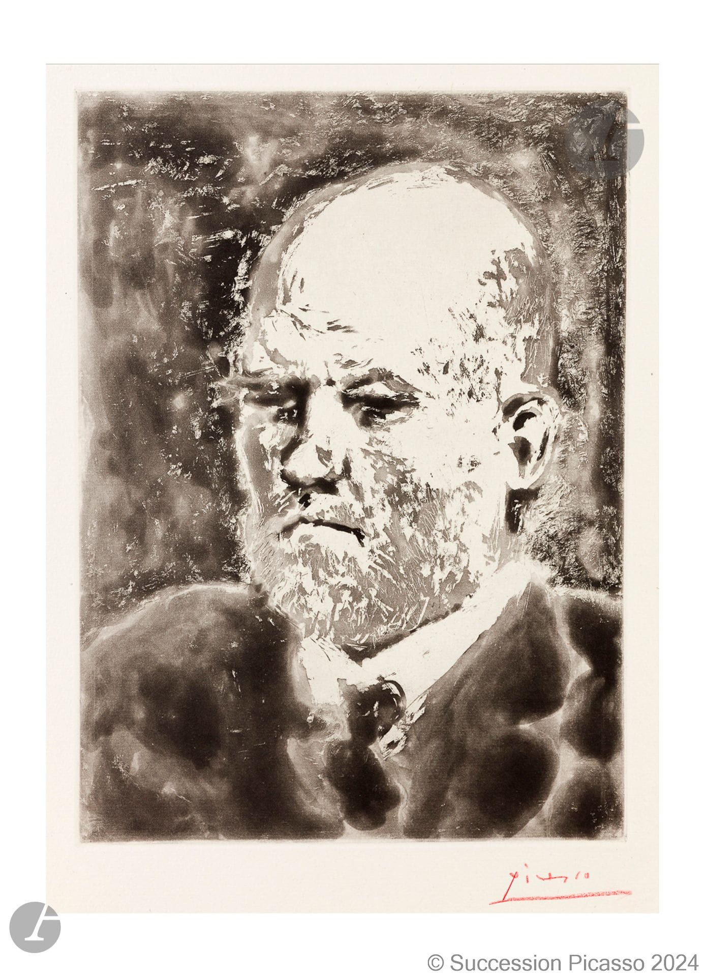 Pablo Picasso (1881-1973) 
Portrait de Vollard I. (Suite Vollard, pl. 99). 4 mars 1937. Aquatinte. 245 x 345. Bloch 232 ; Baer 617 B d. Très belle et fraîche épreuve sur vergé de Montval filigrané « Picasso », l’une des 250 du tirage à petites marges, signée au crayon rouge. Toutes marges [340 x 448].