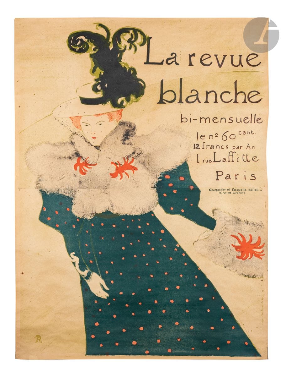 Henri de Toulouse-Lautrec (1864-1901) 
La Revue blanche. Affiche. 1895. Lithographie. [920 x 1271]. Delteil 355 ; Wittrock P16. Impression en couleurs. Très belle épreuve sur vélin mince chamois, anciennement entoilée. Un petit manque comblé en pied à gauche. Un petit arrachement (sommairement recollé) sous le col de fourrure à gauche. Toutes marges. 

« La Revue Blanche est fondée à Liège en 1889 par les frères Natanson, qui s’installent ensuite à Paris. Elle devient un lieu de débat et promeut les peintres nabis, les néo-impressionnistes et l’Art nouveau. Humour et esprit de fête, liberté, engagement et créativité, pacifisme, laïcité, mondialisation sont les valeurs qu’elle défend. […] La plus célèbre réalisation de Lautrec pour la revue n’est pas une illustration, mais une affiche : elle représente Misia, la femme de Thadée Natanson, muse et mécène de nombreux musiciens et peintres. Le cadrage tronque l’image et suggère le mouvement ; Misia évolue sur une patinoire et la forme de sa robe allant en s’évasant ainsi que le geste du bras gauche tendu vers l’arrière font deviner son glissement.
La Revue Blanche disparaît en 1903. C’est la fin d’une incroyable aventure littéraire, artistique et politique à laquelle les intellectuels les plus contestataires de l’époque ont contribué. » (www.grandpalais.fr).