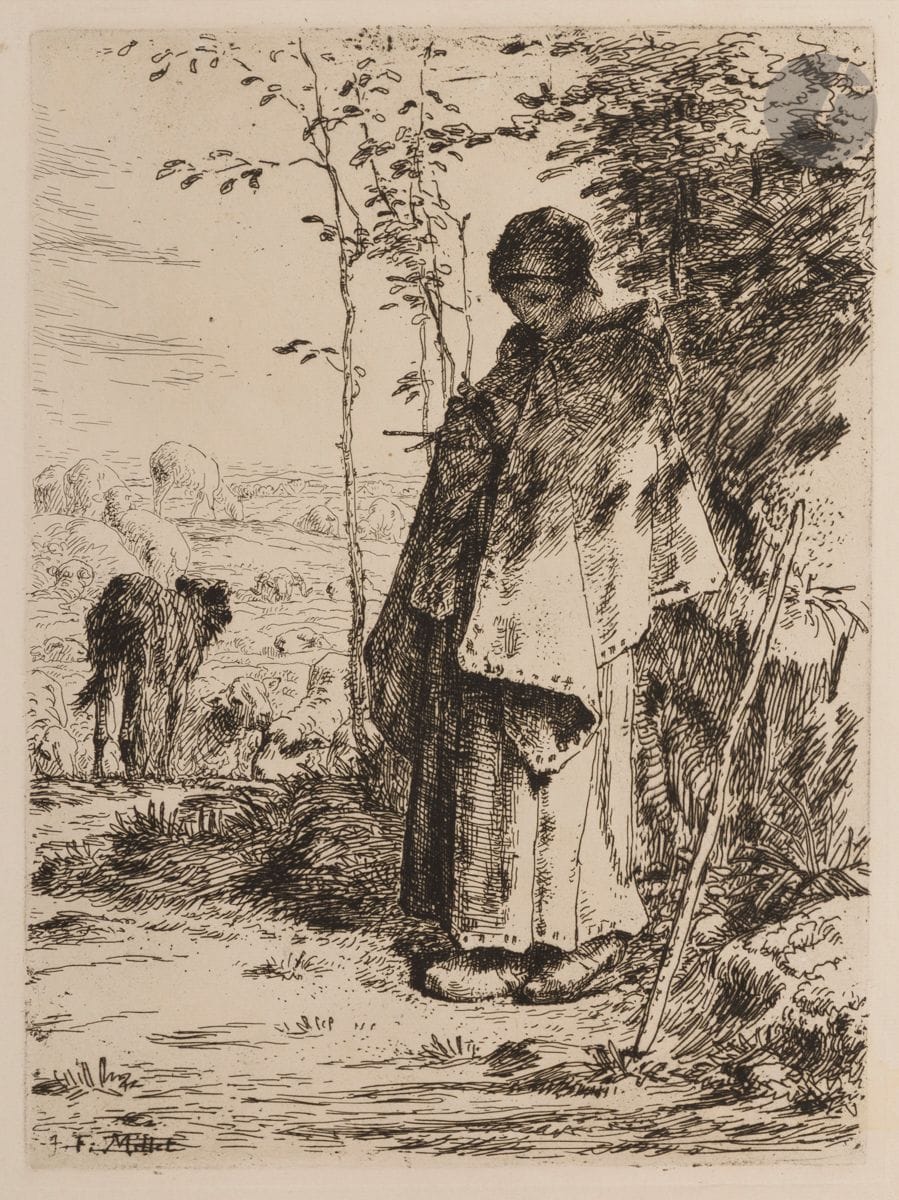 Jean-François Millet (1814-1875) 
The Great Shepherdess. 1862. Etching. 237 x 318. Delteil 18. A very fine early impression on laid paper. Slight dusting and some light foxing. Short tear at left edge. Full margins [312 x 496].