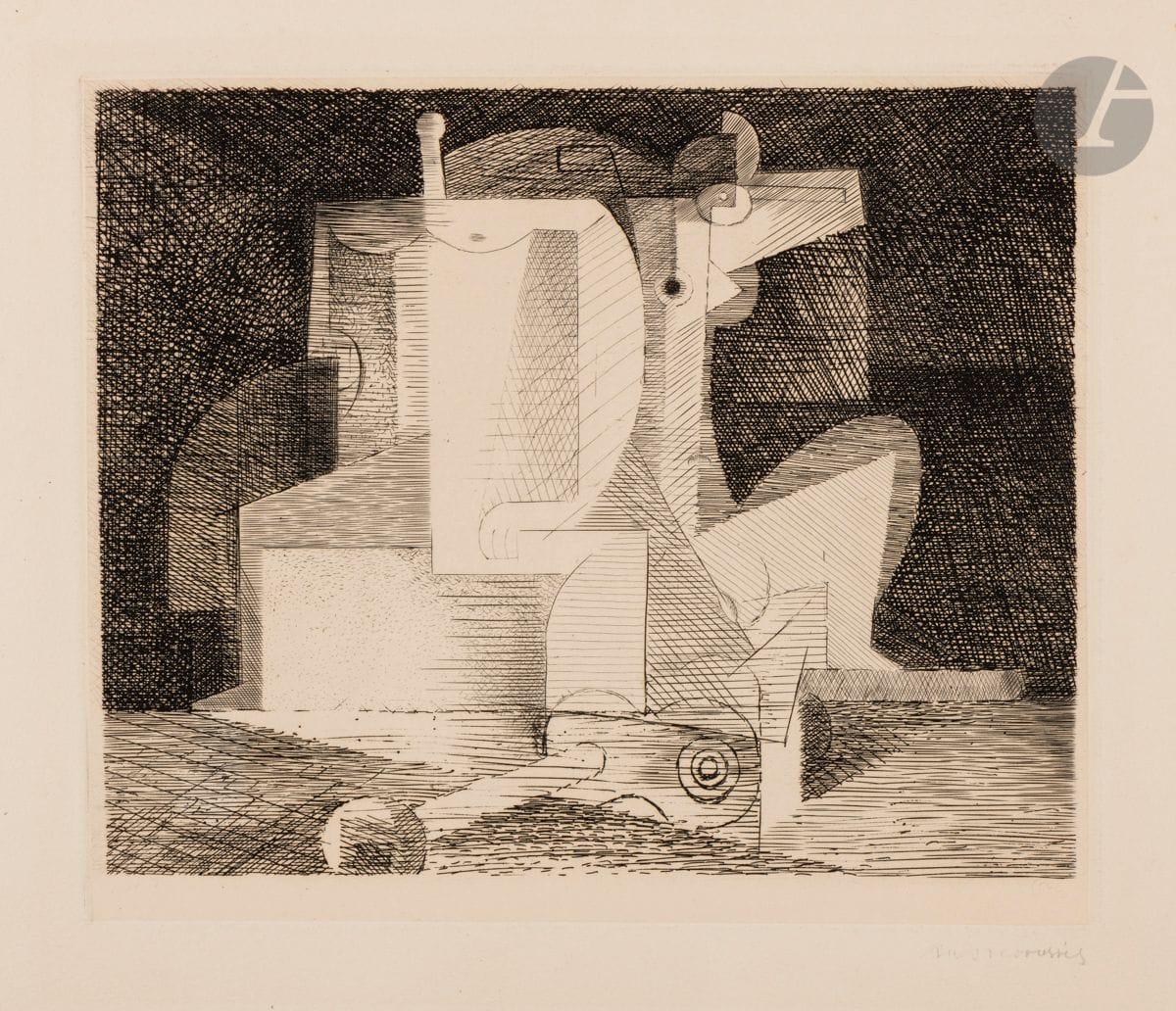 Louis Marcoussis (Ludwik Kazimierz Władysław Markus, dit) (1883-1941) 
Cherchant la fortune chimique personnelle… A. Rimbaud. (Planches de Salut, n° 3). 1930. Eau-forte et burin. 240 x 202. Milet 70. Belle épreuve sur chine appliqué sur vélin fort crème, signée au crayon. Oxydation du feuillet. Fin pli cassé dans l’angle inférieur droit. Toutes marges. Tirage à 77 épreuves. Timbre de l’atelier au verso (Lugt non décrit). 

Provenance :
Atelier de l’artiste.