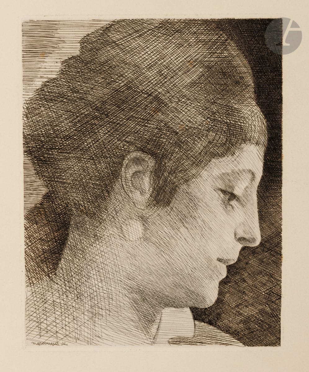 Louis Marcoussis (Ludwik Kazimierz Władysław Markus, dit) (1883-1941) 
La Mère de l’artiste, jeune, de profil. 1932. Eau-forte et burin. 220 x 280. Milet 85. Très belle épreuve sur vélin fort ivoire, non signée. Toutes marges. Joint : Roy Titus. 1933. Eau-forte. 220 x 450. Milet 102. Unique épreuve sur parchemin, non signée. Nombreux trous de punaises et petites salissures sur le pourtour au recto. Large manque dans l’angle inférieur gauche du feuillet. Toutes marges. Rare. Tirage à moins de 10 épreuves (cette épreuve citée par S. Milet). Ens. 2 p.
