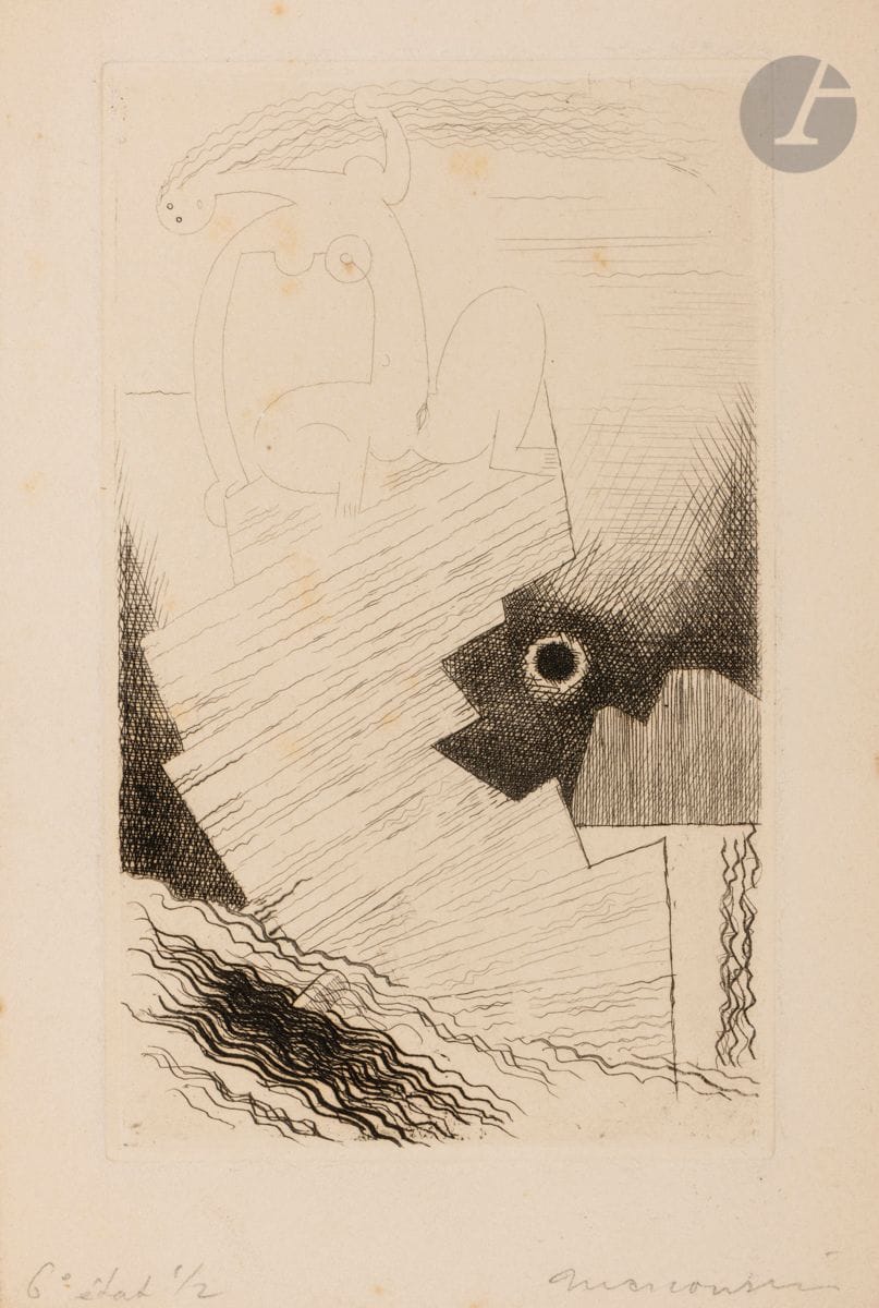 Louis Marcoussis (Ludwik Kazimierz Władysław Markus, dit) (1883-1941) 
La Loreley. (Pl. 25 pour G. Apollinaire, Alcools). 1934. Eau-forte. 94 x 155. Milet 138. Très belle épreuve sur vélin fort, du 6e état (sur 7), avant le numéro, annotée « 6e état 1/2 » et signée au crayon. Infimes rousseurs. Toutes marges. Timbre de l’atelier au verso (Lugt non décrit). 

Provenance :
Atelier de l’artiste.