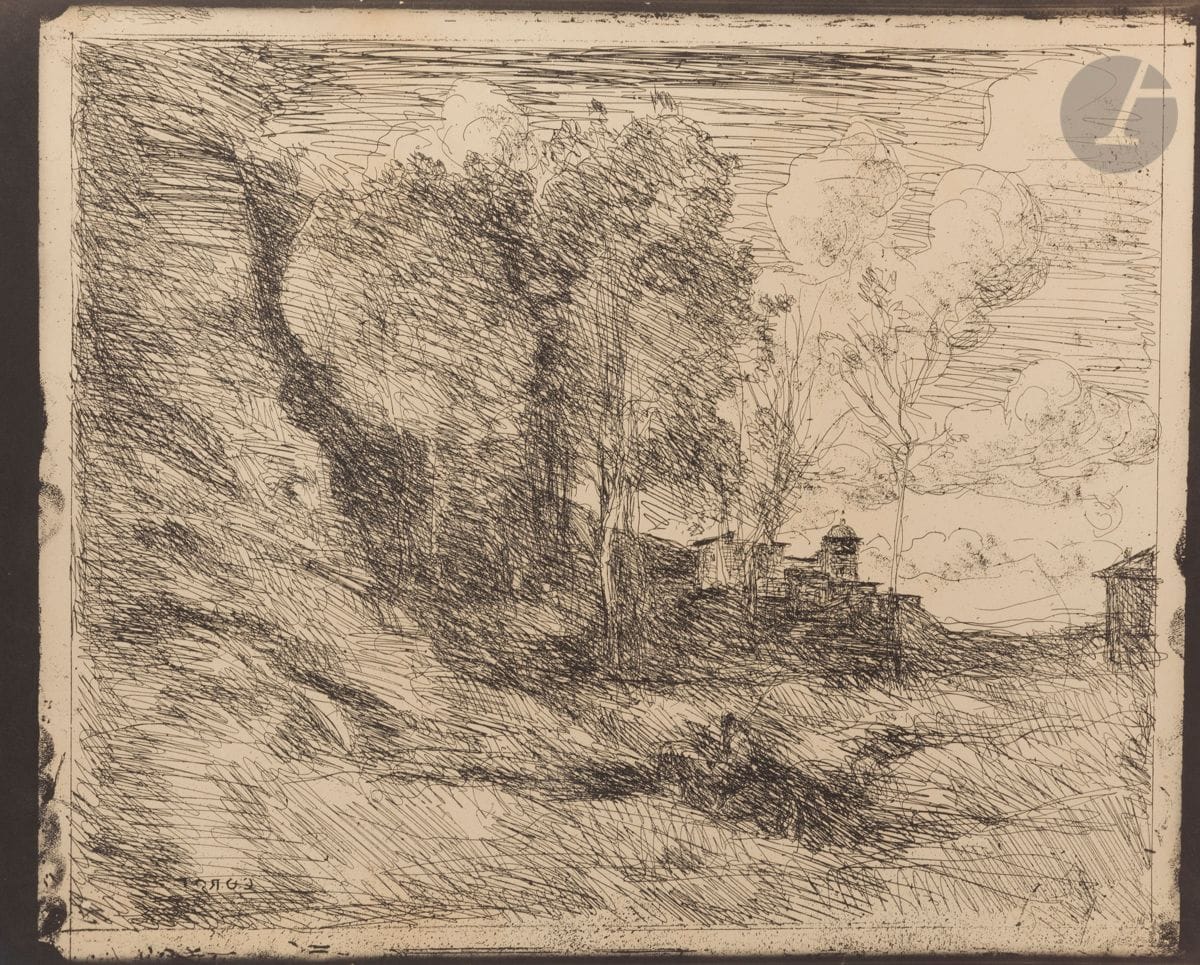Jean-Baptiste Camille Corot (1796-1875) 
Souvenir d’Ostie. 1855. Cliché-verre. [410 x 305]. Delteil 57. Très belle épreuve tirée en noir bistré sur vélin mince chamois, essai antérieur au tirage pour Quarante clichés-glace de Corot, Daubigny, Delacroix, Millet, Rousseau tirés sur les plaques provenant de la Collection de M. Cuvelier, à Paris chez Maurice Le Garrec, 1921.