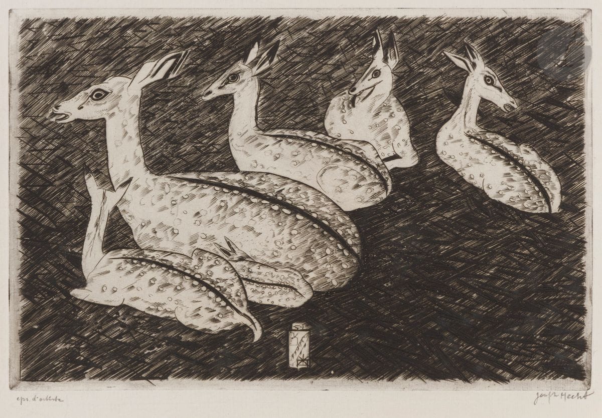 Joseph (Józef) Hecht (polonais, 1891-1951) 
Cerfs indochinois II. 1950. Burin. 298 x 198. Plumart et Tonneau-Ryckelynck 371. Très belle épreuve sur vergé de Montval, justifiée « epr. d’artiste » et signée au crayon. Quelques courtes déchirures et traces de plis aux bords du feuillet. Toutes marges. Tirage indéterminé.