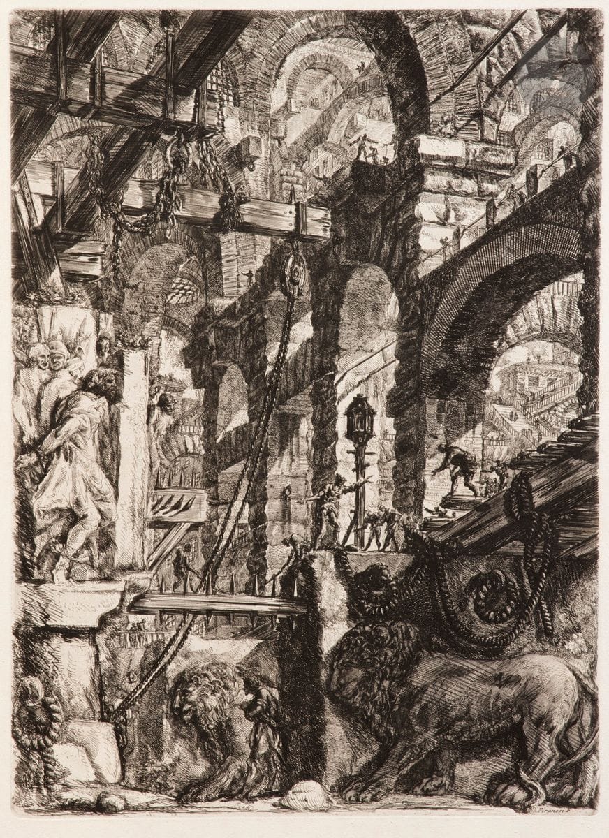 Giambattista Piranesi (1720-1778) 
Bas-reliefs with lions. (Carceri d'invenzione, additional pl., V of 2nd edition). 1761. Etching. 412 x 565 [585 x 865]. Robison 44 (ii/iii). Very fine proof on 19th-century white laid paper, before no. 353. Oxidation on verso. Full margins.