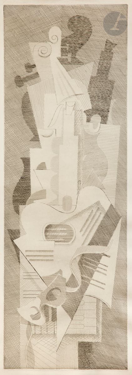 Louis Marcoussis (Ludwik Kazimierz Władysław Markus, dit) (1883-1941) 
Musiques. Vers 1930. Eau-forte. 225 x 695. Milet 54. Très belle épreuve sur vélin, du 1er état (sur 3), avant le grain d’aquatinte, l’une des deux seules connues de cet état, celle-ci non justifiée (épreuve citée par S. Milet), doublée, avec déchirures marginales restaurées. Quelques plis cassés aux bords du feuillet. Toutes marges. De toute rareté. On ne connaît que 6 épreuves de l’état définitif.