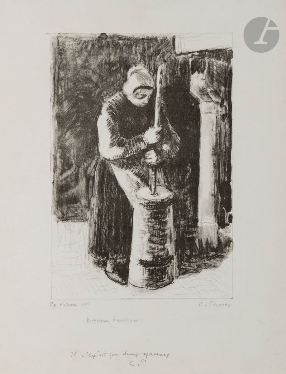 Camille Pissarro (1830-1903) 
Paysanne barattant. Vers 1896. Lithographie. 165 x 242 [273 x 363]. Delteil 163. Très belle épreuve sur vélin blanc fort, annotée « Ep d’essai n° 1 », signée, titrée au crayon puis annotée en pied par l’artiste : « Il n’existe que deux épreuves / C P », soigneusement lavée. Un infime accroc en pied du feuillet. Toutes marges. De toute rareté : seules 3 épreuves furent tirées, dont 2 signées et numérotées. (Cette épreuve citée par Delteil). 

Provenance :
Ancienne collection Gérard-Henri Gilbert (1879-1943), expert en philatélie.