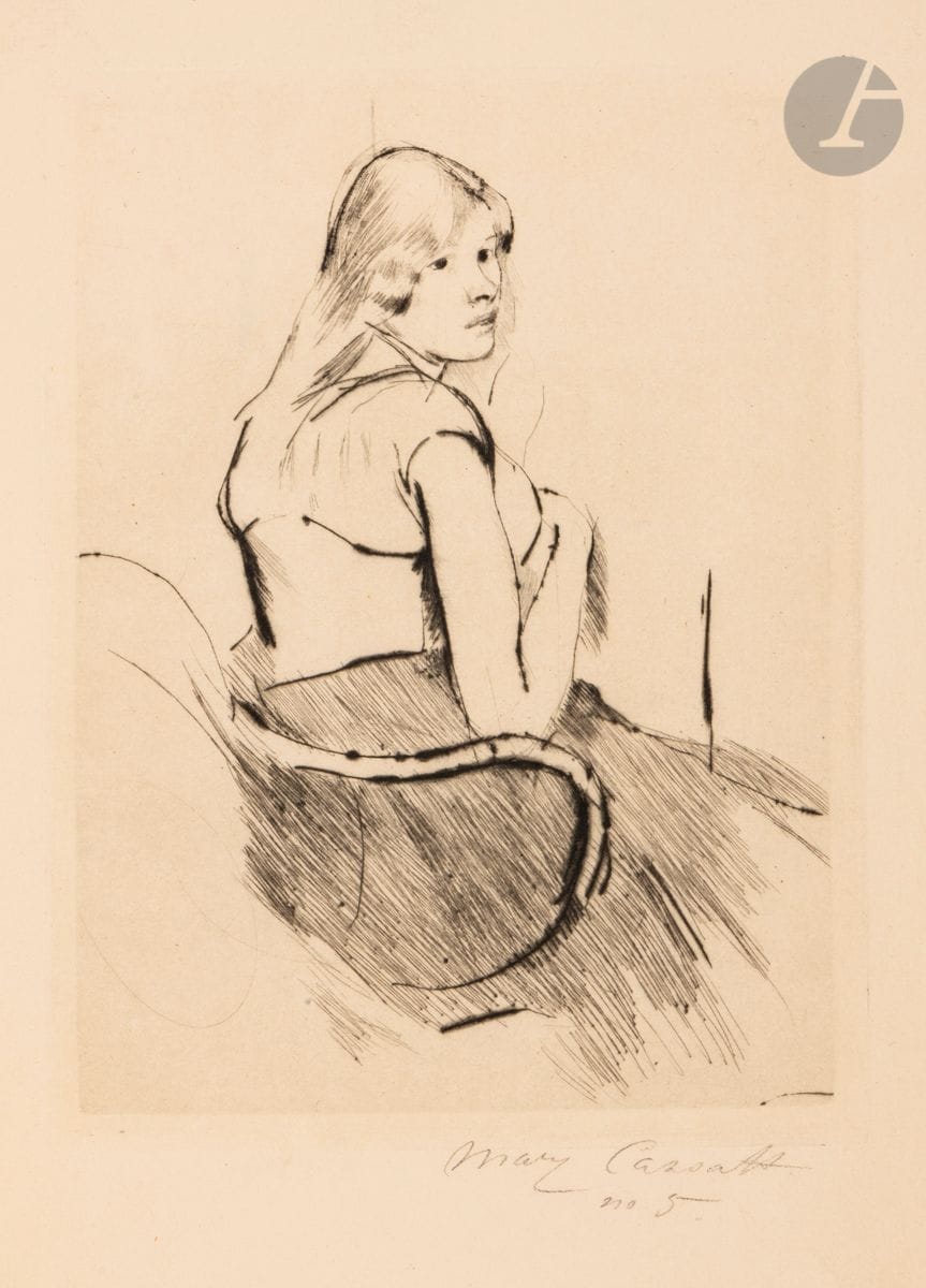 Mary Cassatt (American, 1844-1926) 
En déshabillé, or Italian Girl. Circa 1889. Drypoint. 138 x 182. Breeskin 95. Perfect proof on watermarked ivory laid paper (cornet double courroi on fleurdelisé shield, maker Van der Ley), loaded with barbs, signed and numbered "n°5" in pencil. All margins untrimmed. 

Provenance: 
Ambroise Vollard (1866-1939) then H. M. Petiet (1894-1980).