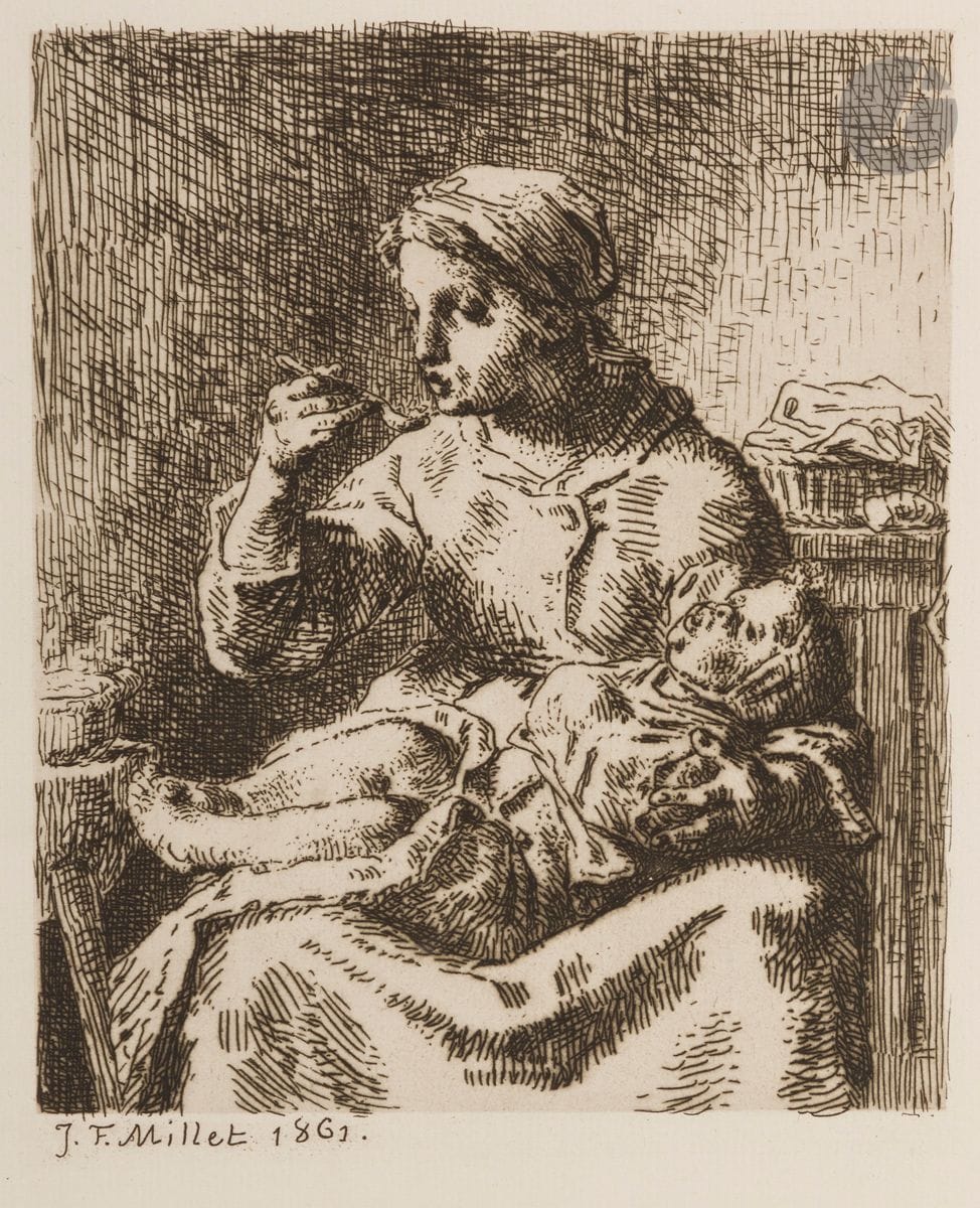 Jean-François Millet (1814-1875) 
La Bouillie. 1861. Eau-forte. 160 x 210. Delteil 17. Belle épreuve sur vergé crème, du tirage pour la Gazette des beaux-arts. Traces d’oxydation marginales. Onglet au bord droit au verso. Toutes marges.