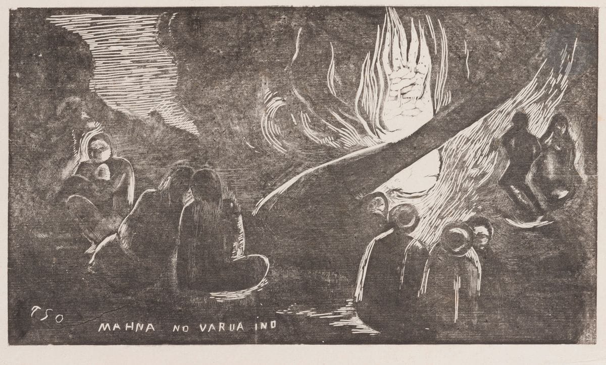 Paul Gauguin (1848-1903) 
Mahna No Varua Ino (Le Diable parle). 1893-1894. Bois gravé. 355 x 201 [410 x 270]. Guérin 34 ; Mongan, Kornfeld et Joachim 19 IV entre D et E. Belle épreuve d’essai en noir sur chine volant, entre le tirage Roy en couleurs et le tirage effectué par Pola Gauguin en 1921, avant les lignes de démarcation horizontales et verticales dans le sujet (qui apparaissent dans le tirage de 1921 et sont dues à une désolidarisation des morceaux assemblés composant le bloc de bois), une fine ligne blanche commençant à apparaître horizontalement en travers des figures de droite et une autre en travers du mot « Ino ». Fin pli de tirage oblique au-dessus du mot « Mahna ». Quelques rousseurs claires. Traces de plis et petits accrocs aux bords du feuillet dont un petit manque au bord supérieur droit. Belles marges.