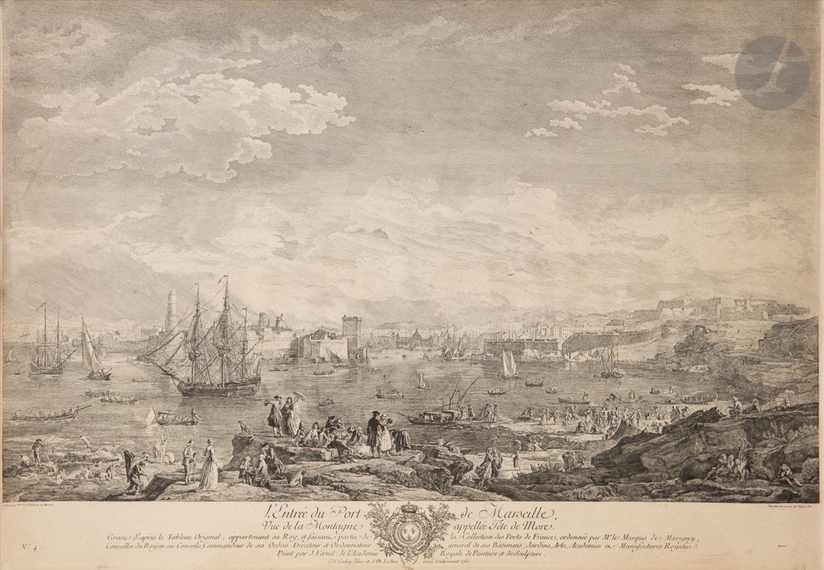 Joseph Vernet (1714-1789) (d’après) 
L’Entrée du Port de Marseille / Vue de la Montagne appellée Tête de More. 1760. Gravé par Cochin fils et Le Bas. [750 x 525]. Bonne épreuve sur vélin, en tirage du XIXe à l’adresse de la veuve Cuissa, rognée au sujet en tête et à l’intérieur du coup de planche, oxydée.
