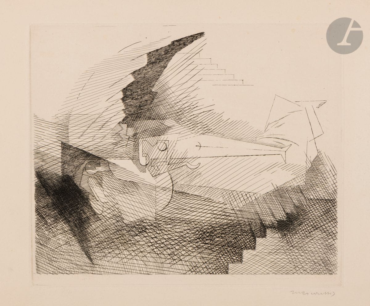 Louis Marcoussis (Ludwik Kazimierz Władysław Markus, dit) (1883-1941) 
Celle que j’aimai seul m’aime encor tendrement… G. de Nerval. (Planches de Salut, n° 8). 1930. Eau-forte et burin. 240 x 202. Milet 75. Belle épreuve sur chine appliqué sur vélin fort crème, annotée « 3e état 2/2 », signée au crayon. Oxydation du feuillet. Toutes marges. Tirage définitif à 77 épreuves. Timbre de douane et timbre de l’atelier au verso (Lugt non décrit). 

Provenance :
Atelier de l’artiste.