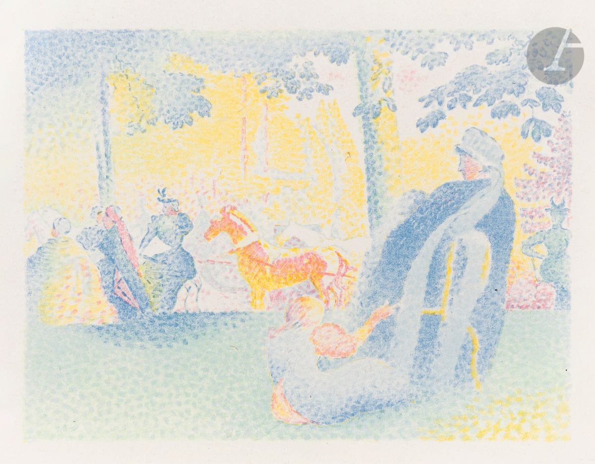 Henri-Edmond Cross (1856-1910) 
Aux Champs-Elysées (La Nourrice). 1898. Lithographie. 262 x 202. Cate et Hitchings, The Colour Revolution, p. 25. Impression en couleurs. Très belle et fraîche épreuve sur chine volant, sans le texte imprimé dans l’angle inférieur gauche. Toutes marges.