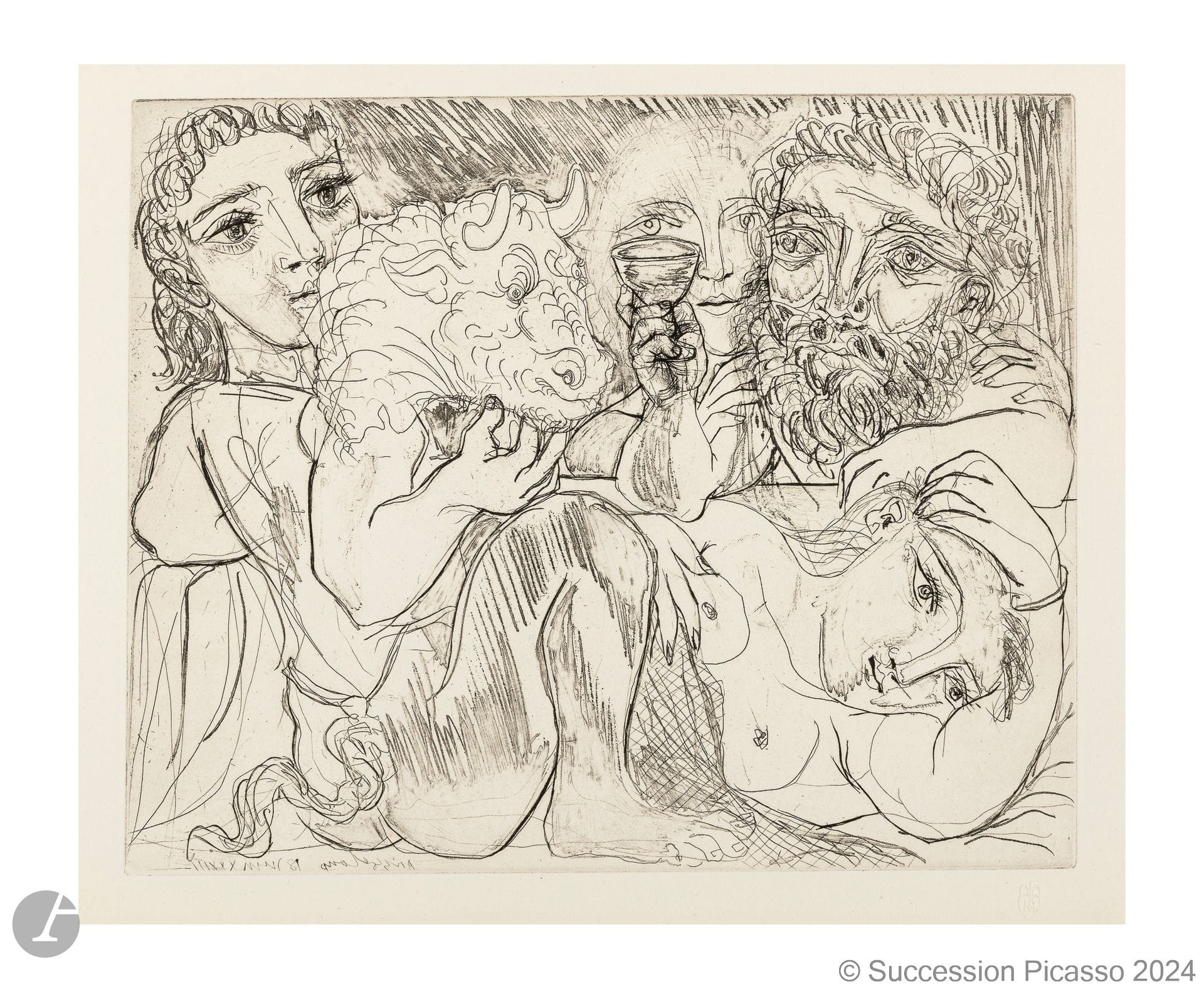 Pablo Picasso (1881-1973) 
Minotaure, Drinker and Women (Suite Vollard, pl. 92). June 18, 1933. Etching. 366 x 298 [115 x 343]. Bloch 200; Baer 368 IV B d. Very fine proof on Montval laid paper watermarked "Picasso", from an edition of 260 proofs at small margins, unsigned. Slight trace of oxidation at the edges of the sheet. All margins. Dry stamp: H. M. Petiet (Lugt 5462). 

Provenance:
A. Vollard (1866-1939); H. M. Petiet (1894-1980).