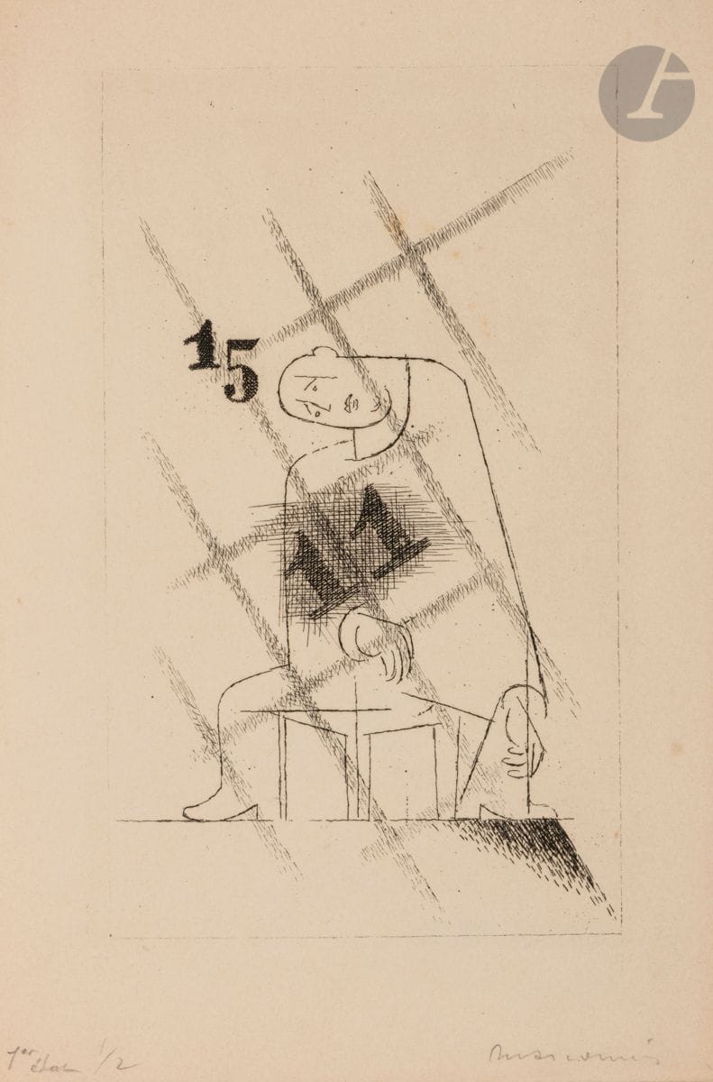 Louis Marcoussis (Ludwik Kazimierz Władysław Markus, dit) (1883-1941) 
À la Santé, II. (Pl. 31 pour G. Apollinaire, Alcools). 1934. Eau-forte. 125 x 190. Milet 144. Très belle épreuve sur vélin fort, rognée à l’intérieur du coup de planche, du 1er état (sur 3), avant renforcement du trait carré, annotée « 1er état 1/2 » et signée au crayon. Infimes rousseurs. Belles marges du cuivre. Timbre de l’atelier au verso (Lugt non décrit). 

Provenance :
Atelier de l’artiste.
