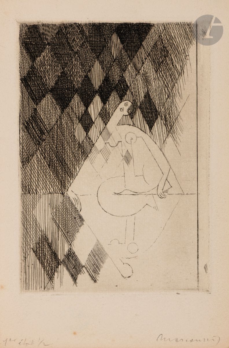Louis Marcoussis (Ludwik Kazimierz Władysław Markus, dit) (1883-1941) 
Crépuscule. (Pl. 9 pour G. Apollinaire, Alcools). 1934. Eau-forte. 100 x 145. Milet 122. Très belle épreuve sur vélin fort, du 1er état (sur 4), avant de nouveaux travaux et avant réduction du cuivre, annotée « 1er état 1/2 » et signée au crayon. Infimes rousseurs. Toutes marges. Timbre de l’atelier au verso (Lugt non décrit). 

Provenance :
Atelier de l’artiste.