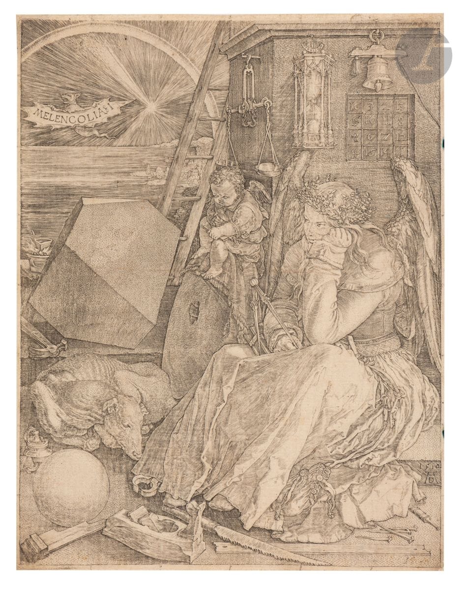 Albrecht Dürer (1471-1528)
Melencolia I. 1514. Burin. 188 x 245. Bartsch 74 ; Meder 75 (ii f/f). Bonne épreuve sur vergé du XIXe filigrané (croissant se terminant en cercle), les tailles très affaiblies, le rendu gris, rognée sur le coup de planche ou légèrement à l’extérieur de ce dernier. Au verso, renfort dans l’angle supérieur droit et trace de colle dans l’angle inférieur droit.