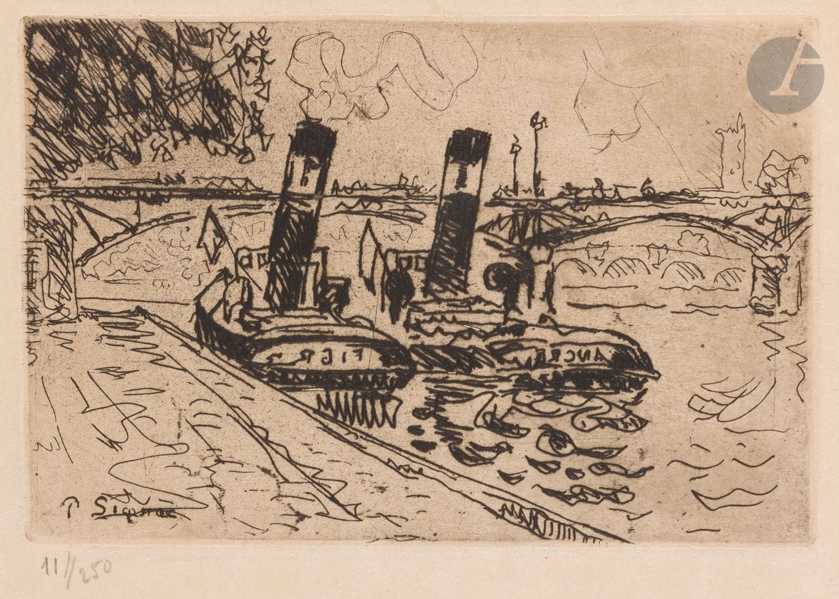 Paul Signac (1863-1935) 
Le Pont des Arts avec remorqueurs. 1927. Eau-forte. 190 x 125. Kornfeld et Wick 24. Très belle épreuve sur simili-japon fort. Inscriptions au stylo-bille en tête au verso. Toutes marges. 

Planche prévue pour paraître dans Dix Peintres au XXe siècle, R.-G. Michel éd., Paris (en réalité souvent vendue au détail car sur les 250 exemplaires annoncés, seuls 100 furent constitués).