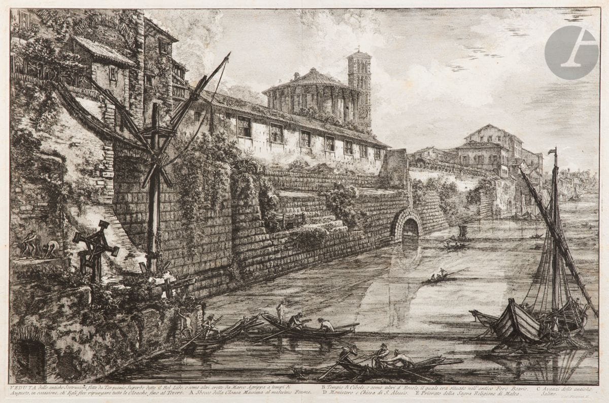 Giambattista Piranesi (1720-1778) 
Veduta delle antiche Sostruzioni fatte da Tarquinio Superbo… (Vue des structures érigées par Tarquin le Superbe, dites Bel Lido). 1776. Eau-forte. 683 x 452. Hind 125 (i/iii). Très belle épreuve sur vergé fort, avant les numéros. Petites rousseurs claires éparses. Une courte déchirure en tête. Onglet de montage vertical médian au verso. Bande de kraft gommé sur le pourtour au verso. Bonnes marges. Tirage romain. Ex-coll. François-Marsal (Lugt non décrit).