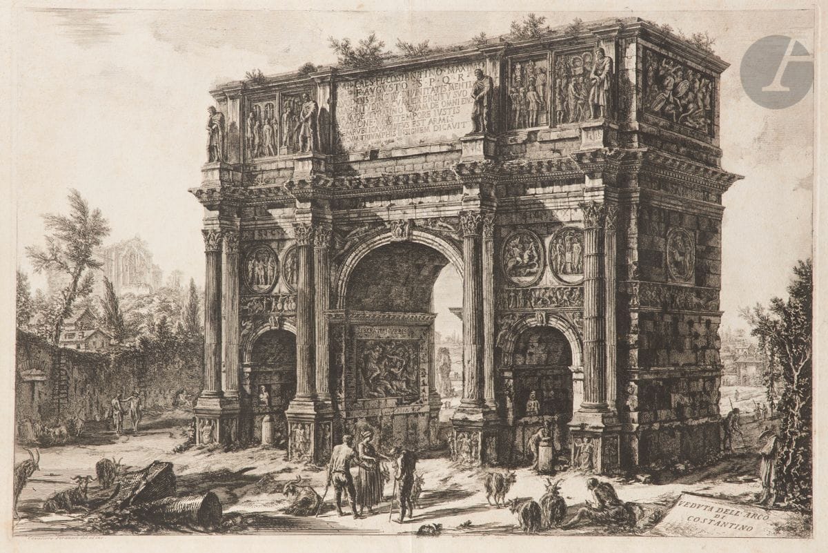 Giambattista Piranesi (1720-1778) 
Veduta dell’ arco di Costantino. (Arc de Constantin). 1771. Eau-forte. 715 x 480. Hind 97 (i/iii).Très belle épreuve sur vergé fort, avant les numéros. Petites rousseurs claires éparses. Pli vertical médian. Déchirure de 35 mm en marge droite, anciennement consolidée au verso. Bande de kraft gommé sur le pourtour au verso. Tirage romain.
