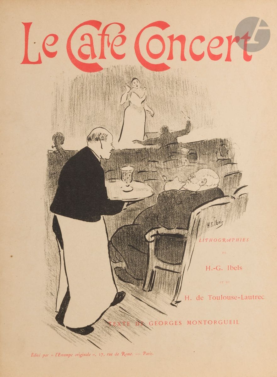 Henri de Toulouse-Lautrec (1864-1901) et Henri-Gabriel Ibels (1867-1936) 
Le Café Concert. 1893. Lithographie. Format de l’album : 330 x 440. Delteil 28 à 38 ; Wittrock 18 à 28. Suite complète des 22 planches : 11 pl. par Toulouse-Lautrec et 11 par Ibels, dont une sur le premier plat de la couverture de japon rempliée. Texte de G. Montorgueil. Bel exemplaire sur vélin. Rousseurs claires aux planches et au texte. Titre des sujets au crayon en pied à droite de chaque feuillet. Toutes marges. Éd. de L’Estampe originale. Tirage à 500 exemplaires (outre 50 sur japon).