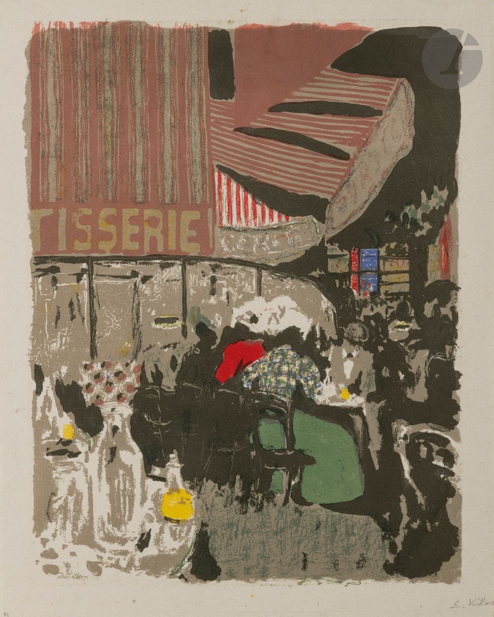Édouard Vuillard (1868-1940) 
La Pâtisserie, ou Terrasse de café la nuit. (Pl. pour Paysages et Intérieurs). 1899. Lithographie. 275 x 355. Roger-Marx 41 ; Johnson 155-10. Impression en couleurs. Très belle et fraîche épreuve sur chine volant. Un numéro « 9 » et annotation « E. Vuillard » au crayon en pied du feuillet. Petites annotations au crayon au bord gauche au verso. Toutes marges [315 x 403]. Tirage à 100 épreuves. A. Vollard éd. 

Provenance :
Ancienne collection Gérard-Henri Gilbert (1879-1943), expert en philatélie.