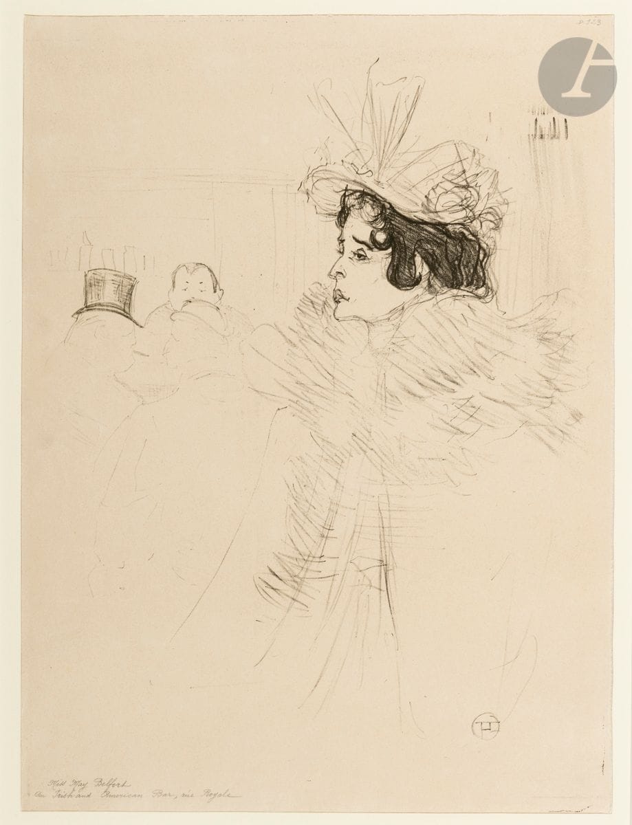 Henri de Toulouse-Lautrec (1864-1901) 
Miss May Belfort au Bar Achille. 1895. Lithographie. 263 x 330 [280 x 378]. Delteil 123 ; Wittrock 119. Très belle épreuve d’essai sur chine volant, annotée en pied à gauche au crayon par une main étrangère : « Miss May Belfort / Au Irish and American Bar, Rue Royale », montée à fenêtre. Très fins et courts plis obliques de manipulation perceptibles à jour rasant. Toutes marges. Très rare. Tirage à 25 épreuves (dont 15 dans des collections publiques selon Wittrock). 

Provenance :
Ancienne collection Gérard-Henri Gilbert (1879-1943), expert en philatélie.