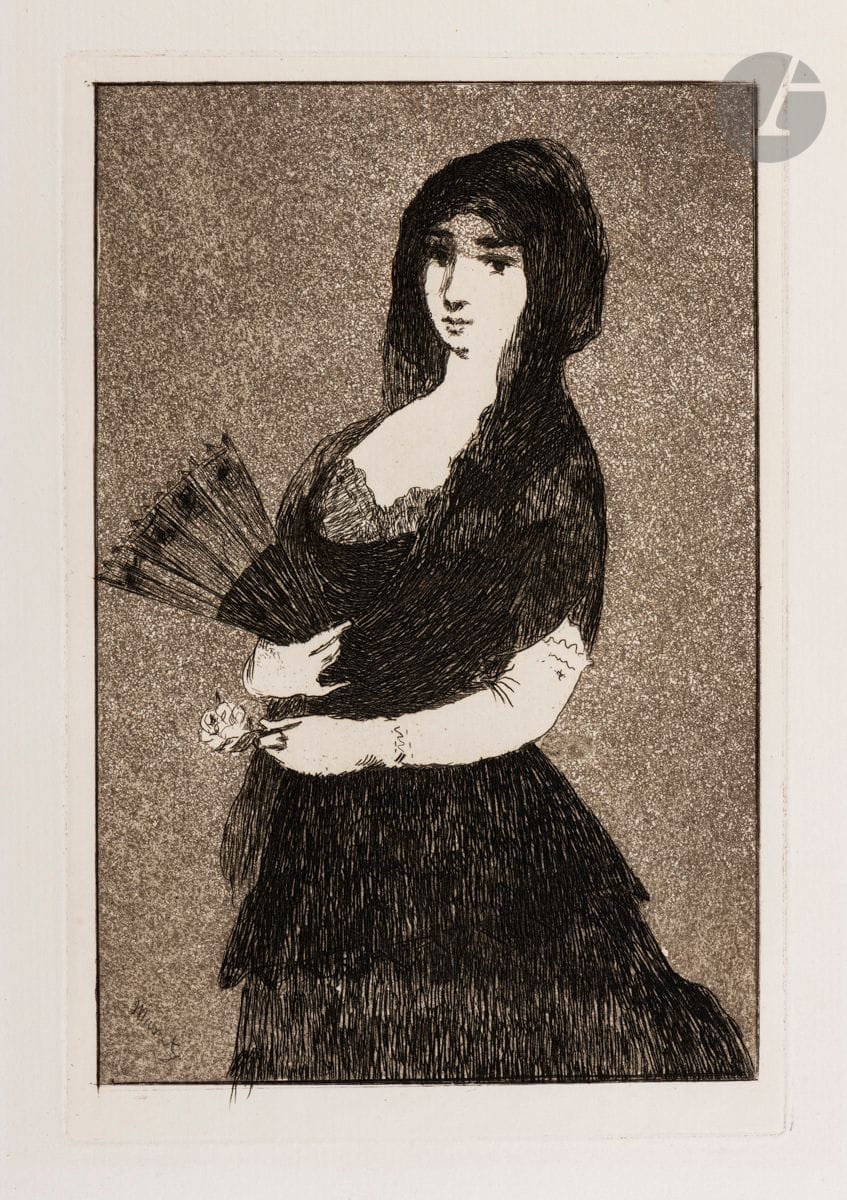 Édouard Manet (1832-1883) 
Exotic Flower, or Woman with a Mantilla. 1868. Etching and aquatint. 115 x 173. Guérin 51, printed in bistré black. A very fine proof on cream laid paper, carefully washed. Full margins. Printed for Sonnets et Eaux-fortes, Paris, A. Lemerre, 1869. 

Provenance :
Former collection of Gérard-Henri Gilbert (1879-1943), philatelic expert.