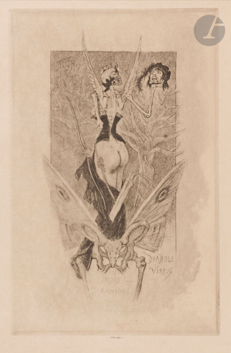 Félicien Rops (belge, 1833-1898) 
Diaboli virtus in lombis. (Pl. pour L’Initiation sentimentale). 1887. Héliogravure. 162 x 250. Exsteens 516 (pl. rejetée par Rouir). Très belle épreuve sur simili-japon, annotée au crayon en pied à droite : « 1er Etat du vernis mou avant la / remorsure au rouleau (mal tiré). » Traces de colle dans les angles au verso. Toutes marges [350 x 550]. Ex-coll. Babut du Marès, Namur (Lugt non décrit).