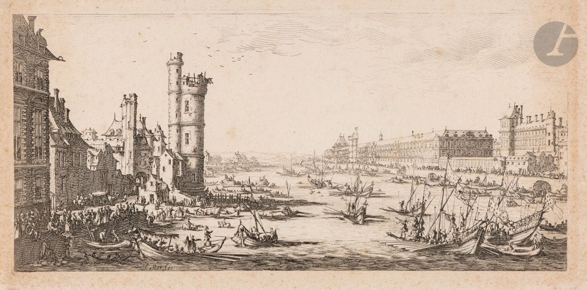 Jacques Callot (1592-1635)
Vue du Louvre ; Vue du Pont-Neuf. 1629-1630. Eau-forte. 340 x 160. Lieure 667 et 668. Belles épreuves sur vergé mince (filigrane : grand lys dans un cercle couronné), du 4e état (sur 5), avant les dernières retouches, les fonds affaiblis. Rousseurs claires éparses et petites taches. Petit trou et amincissure au verso dans l’angle supérieur gauche à la 2e. Quelques minuscules déchirures aux bords des feuillets. Ens. 2 p.