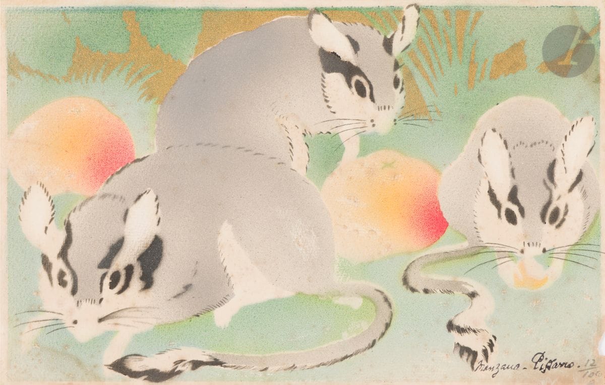 Manzana-Pissarro 
(Georges Henri Pissarro, known as) 
(1871-1961) 
Three lérots. Circa 1930. Stencil in color and gilt bronze ink. [265 x 172]. Good proof on ivory laid paper, signed in pen and numbered in pencil. Small moisture rings and light foxing. Small tears in lower right corner with old adhesive residue on verso. Narrow margins. Edition of 100 proofs.