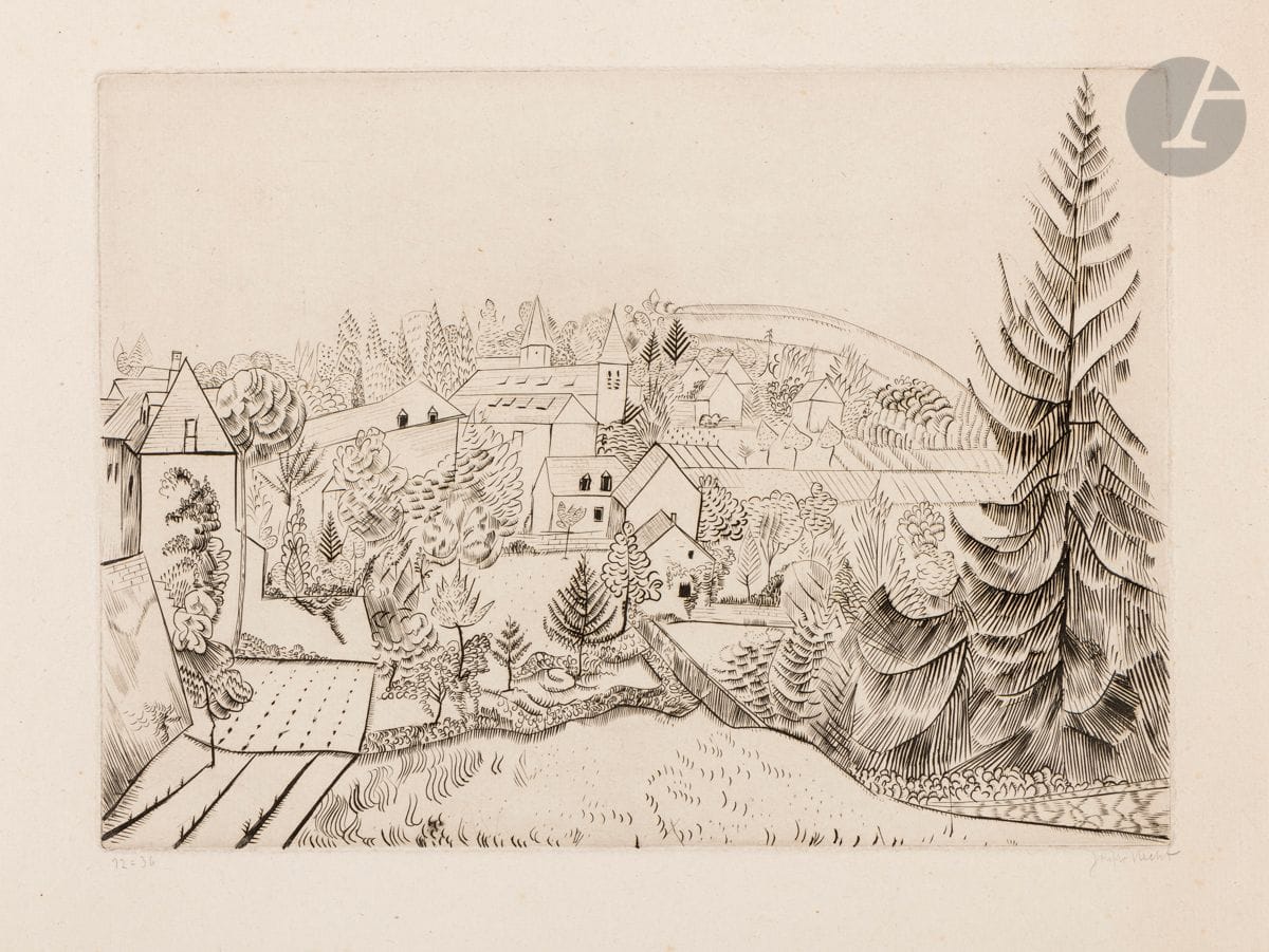 Joseph (Józef) Hecht (Polish, 1891-1951) 
Treignac. 1923. Burin and drypoint. 302 x 218. Plumart and Tonneau-Ryckelynck 90. Very fine proof on Montval laid paper, numbered and signed in pencil. Traces of folds, foxing and oxidation at the edges of the folio. Full margins. Edition of 36 proofs.