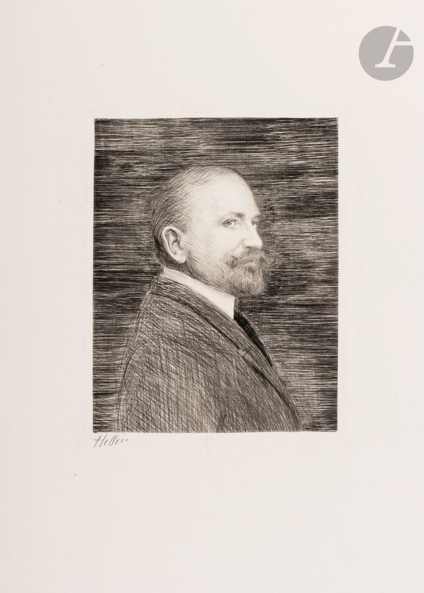 Paul-César Helleu (1859-1927) 
Portrait of a bearded man (Monsieur 
Marnier). Drypoint. 175 x 220. Very fine proof on strong white vellum, signed in pencil. Tiny tear and light dusting along upper edge. Short fold broken in upper left corner. Full margins.