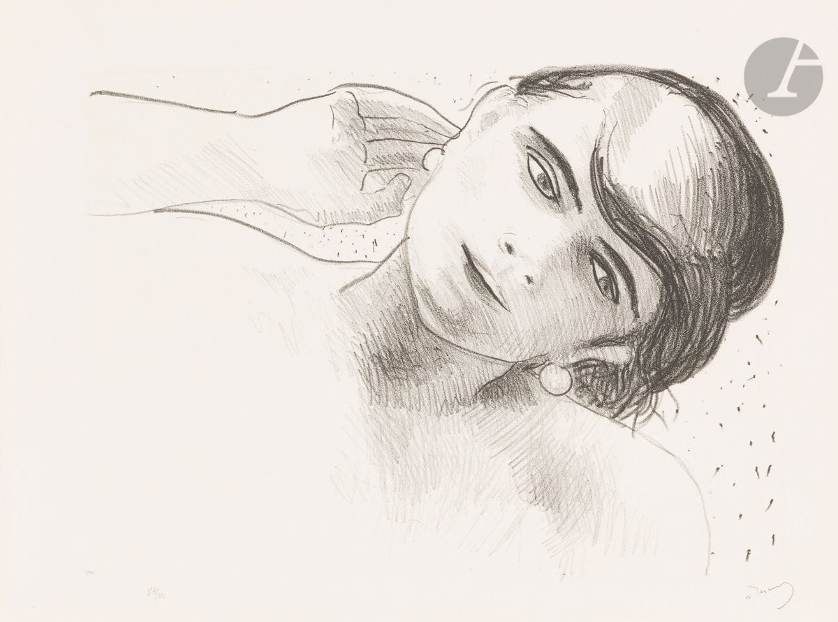 André Derain (1880-1954) 
Head of a woman in front, holding a hand to her ear (Pl. for the suite Métamorphoses, études de femmes, Paris, ed. des Quatre Chemins, 1927). Lithograph. 415 x 308. Adhémar 71-10. Perfect proof on "Arches" watermarked white vellum, numbered and signed in pencil. Very marked stone indentation. Full margins. Edition of 100 proofs.