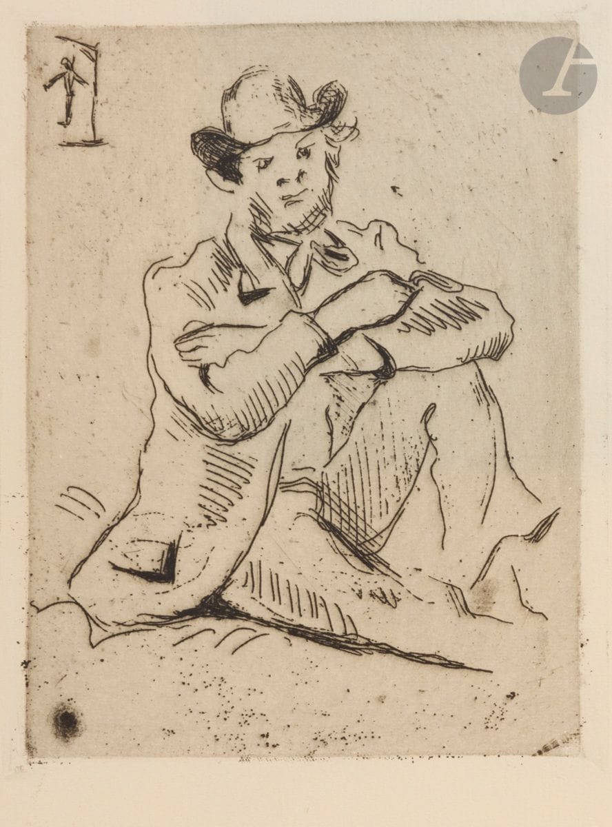 Paul Cézanne (1839-1906) 
Tête de jeune fille. 1873. Eau-forte et roulette. 103 x 128. Venturi 1160 ; Cherpin 4. Très belle épreuve tirée en brun sur vélin blanc fort, du tirage en frontispice pour l’ouvrage d’A. Vollard, Paul Cézanne, 1914. Quelques rousseurs claires et fine trace d’oxydation aux bords du feuillet. Joint : Guillaumin au pendu. 1873. Eau-forte. 115 x 155. Venturi 1159 ; Cherpin 2. Très belle épreuve sur vergé ivoire, du tirage posthume pour Th. Duret, Les Peintres impressionnistes, Paris, Floury, 1923. Toutes marges. Ens. 2 p.