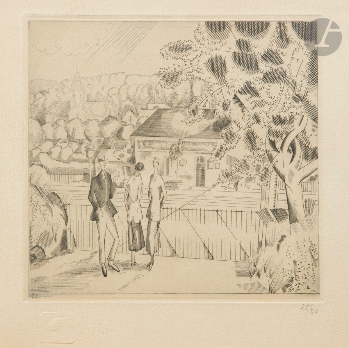 Jean-Émile Laboureur (1877-1943) 
La Petite station. 1927. Burin. À vue : 270 x 275. Laboureur 354. Très belle épreuve sur vélin, signée et numérotée au crayon. Bonnes marges. Tirage à 50 épreuves. Cadre (non examinée hors du cadre).