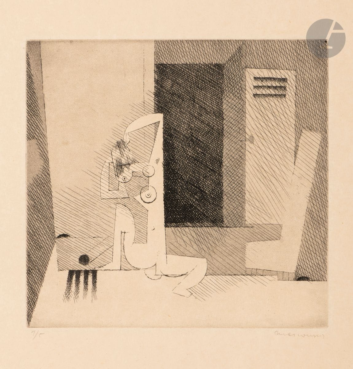 Louis Marcoussis (Ludwik Kazimierz Władysław Markus, dit) (1883-1941) 
La Toilette de la mariée. (Pl. 4 pour Eaux-fortes théâtrales pour Monsieur G…). 1933. Eau-forte et aquatinte. 180 x 173. Milet 94. Très belle et fraîche épreuve sur simili-japon fort, l’une des 5 épreuves d’artiste, numérotée et signée au crayon puis annotée en pied à droite « La Toilette de la mariée / 6 Eaux-fortes théâtrales / épreuve d’artiste ». Toutes marges. Tirage définitif à 30 épreuves. Timbre de douane et numéro au composteur sur une étiquette au verso. 

Provenance :
Atelier de l’artiste.