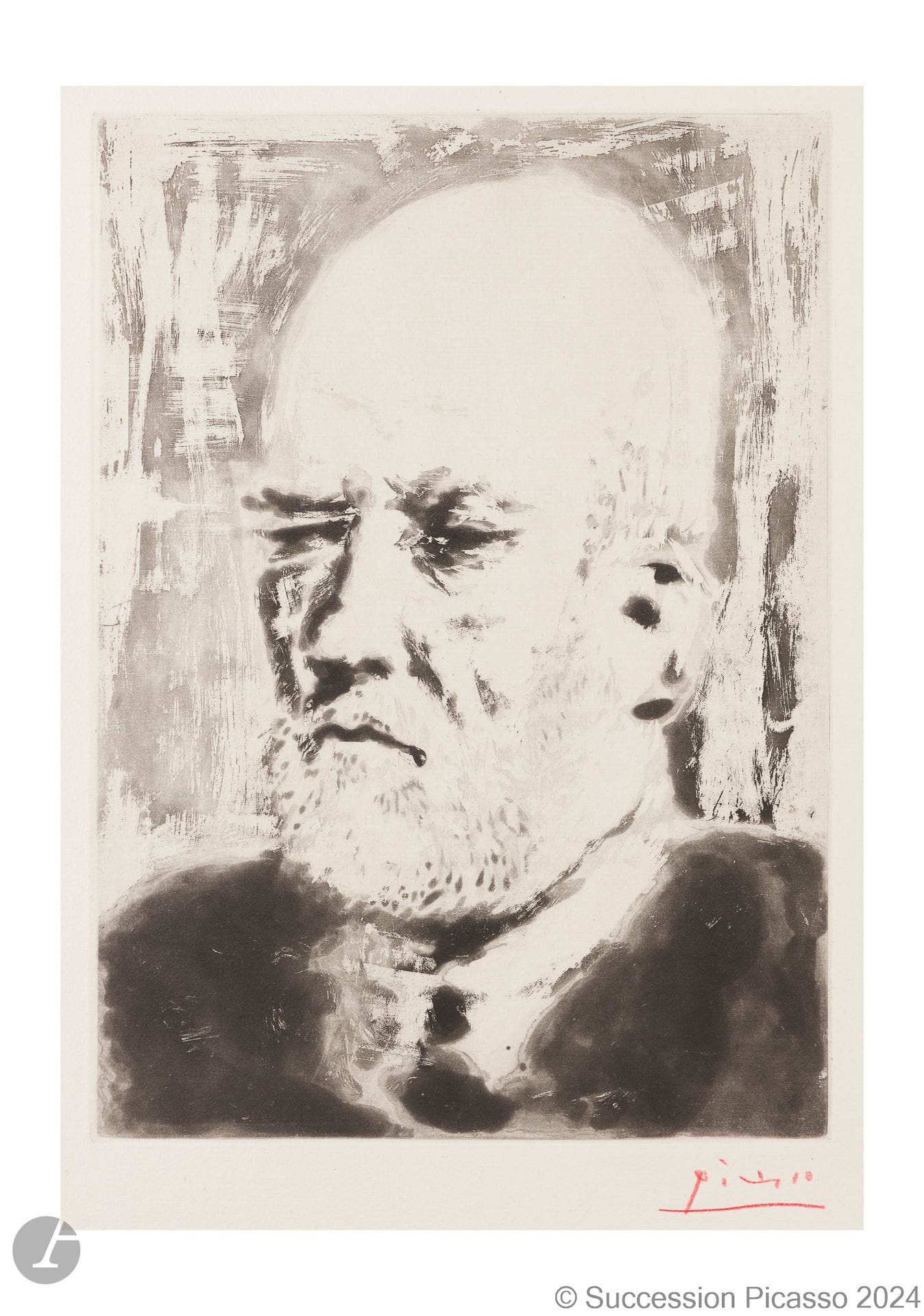 Pablo Picasso (1881-1973) 
Portrait de Vollard II. (Suite Vollard, pl. 98). 4 mars 1937. Aquatinte. 245 x 345. Bloch 231 ; Baer 618 B d. Très belle et fraîche épreuve sur vergé de Montval filigrané « Picasso », l’une des 250 du tirage à petites marges, signée au crayon rouge. Toutes marges [338 x 448].
