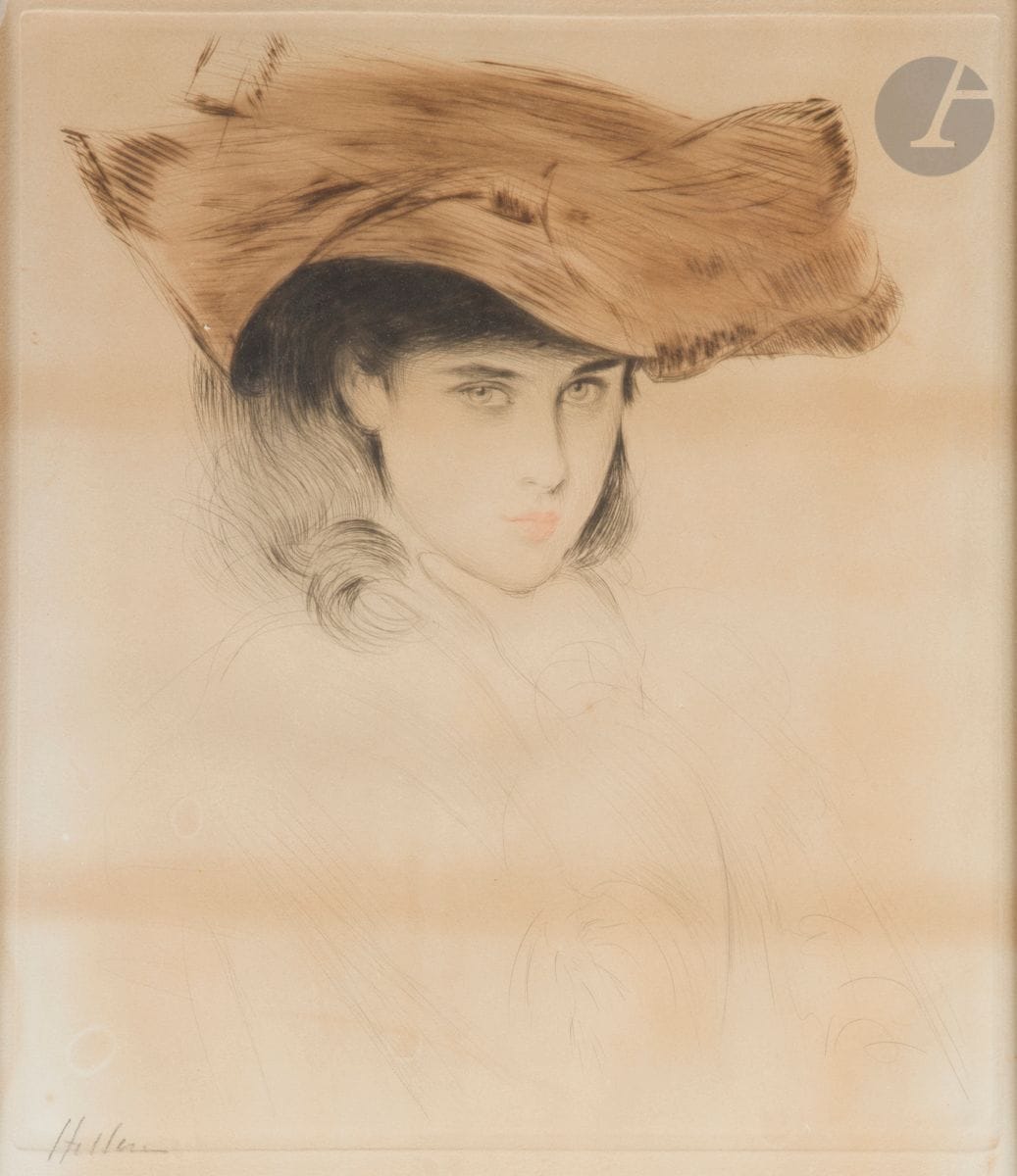 Paul-César Helleu (1859-1927) 
Ellen Helleu (fille de l’artiste). Vers 1900. Pointe sèche. À vue : 328 x 370. Impression en couleurs. Belle épreuve sur vélin crème, signée au crayon sur le coup de planche inférieur, très oxydée (avec bandes et traces rousses dans le sujet). Petite auréole d’humidité au bord gauche. Marges. Cadre (non examinée hors du cadre).