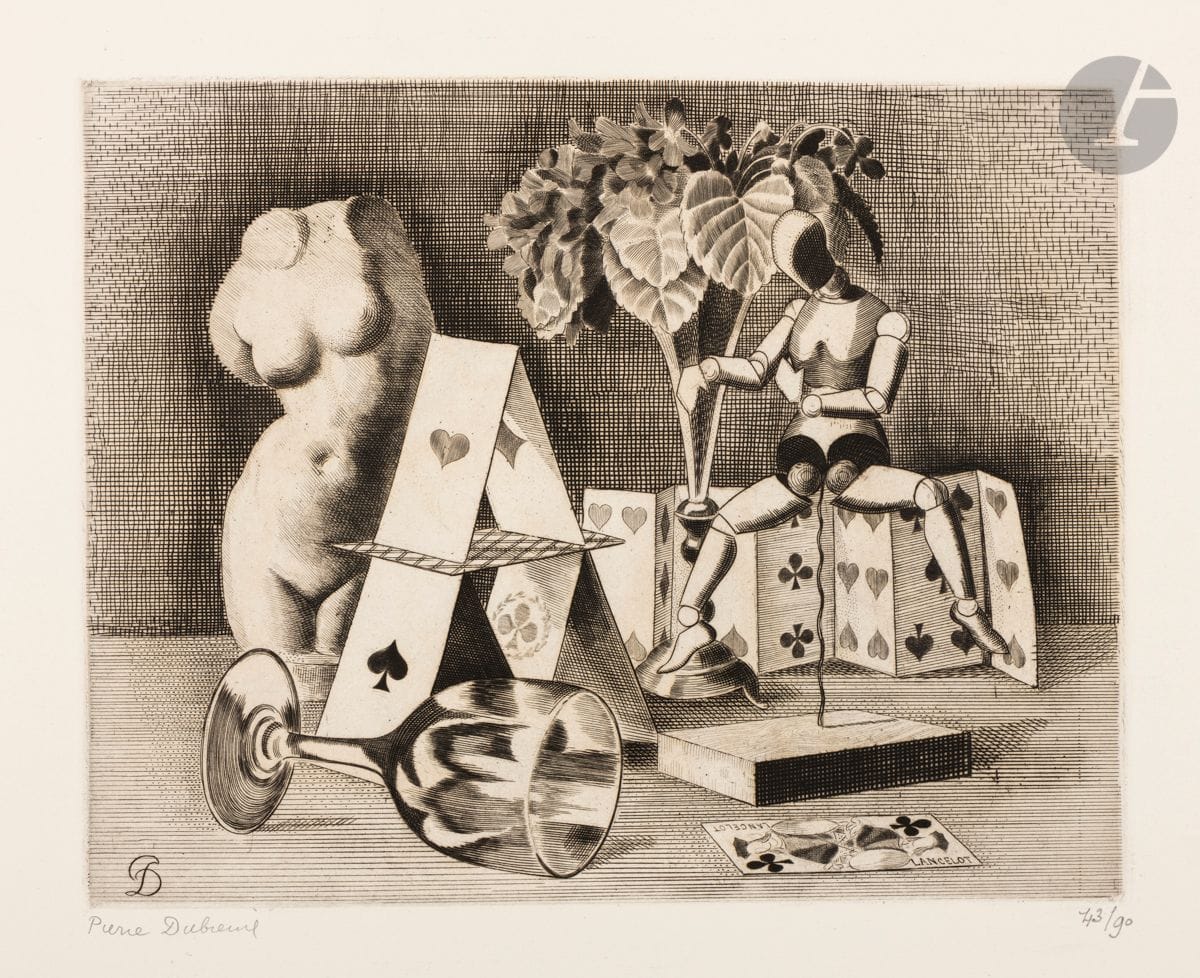 Pierre Dubreuil (1891-1970) 
Nature morte au château de cartes et au petit mannequin. Vers 1936. Burin. 298 x 235. I.F.F. 18-6. Parfaite épreuve sur vélin, signée et numérotée au crayon. Toutes marges. Tirage à 90 épreuves. Ex-coll. H. M. Petiet (Lugt 5031).