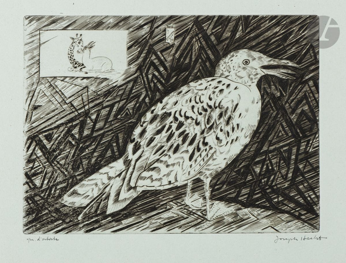 Joseph (Józef) Hecht (polonais, 1891-1951) 
Oiseau de mer I. 1937. Burin. 263 x 195. Plumart et Tonneau-Ryckelynck 275. Très belle épreuve sur vergé ancien azuré, antérieure au tirage pour la Chalcographie du Louvre, annotée « epr. d’artiste » et signée au crayon. Toutes marges. Joint : Le Renard et les raisins. Vers 1925. Burin. 168 x 235. Très belle épreuve sur vergé de Montval, signée au crayon. Empoussiérage et menus accidents aux bords du feuillet. Toutes marges. Très rare : les catalographes n’avaient retrouvé qu’une épreuve de ce sujet. Ens. 2 p.