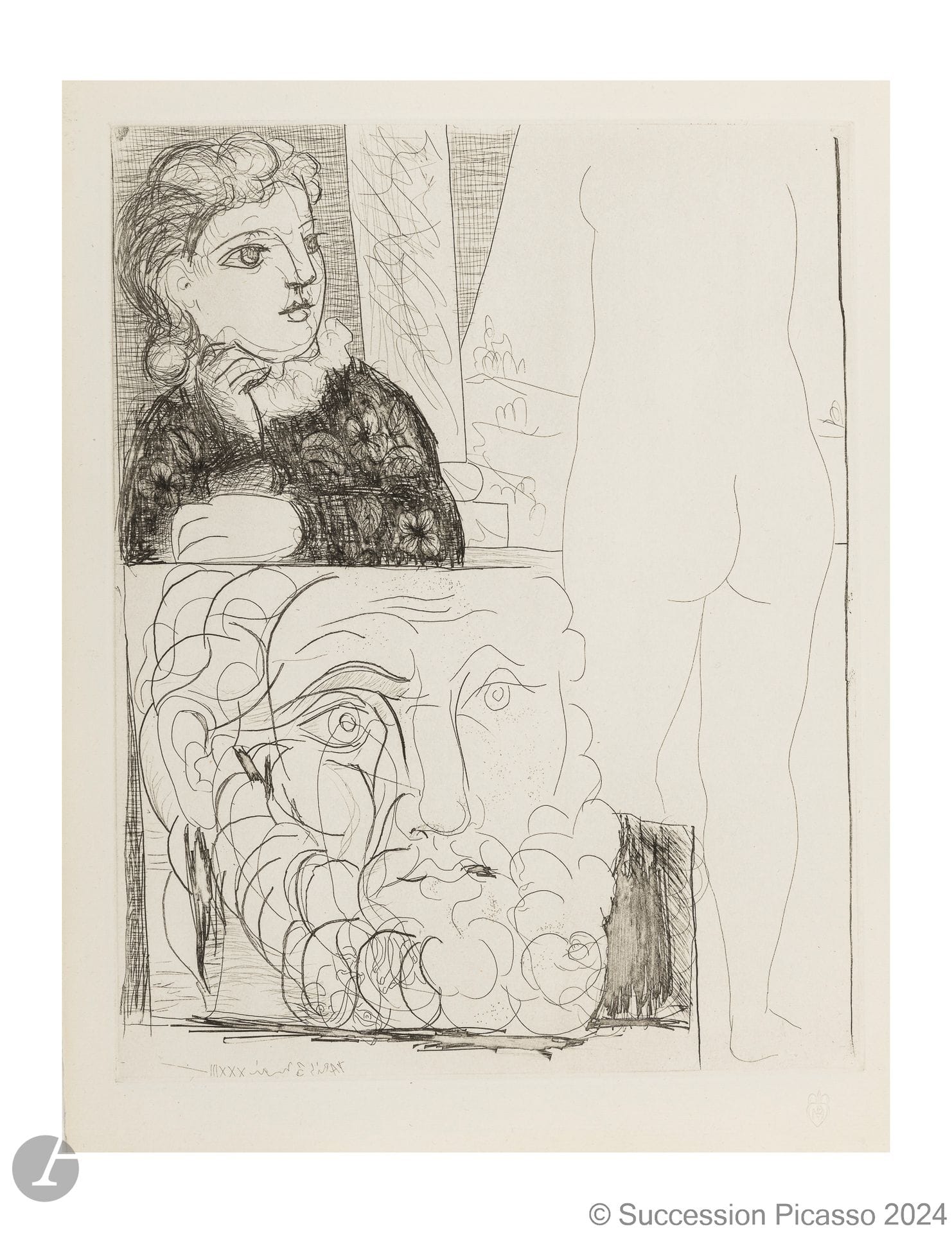 Pablo Picasso (1881-1973) 
Femme accoudée, sculpture de dos et tête barbue. (Suite Vollard, pl. 71). 3 mai 1933. Eau-forte. 296 x 378 [340 x 445]. Bloch 184 ; Baer 343 B d. Parfaite épreuve sur vergé de Montval filigrané « Picasso », du tirage à 260 épreuves à petites marges, non signée. L’angle inférieur gauche légèrement corné. Infime trace d’oxydation aux bords du feuillet. Toutes marges. Timbre sec : H. M. Petiet (Lugt 5462). 

Provenance :
A. Vollard (1866-1939) ; H. M. Petiet (1894-1980).
