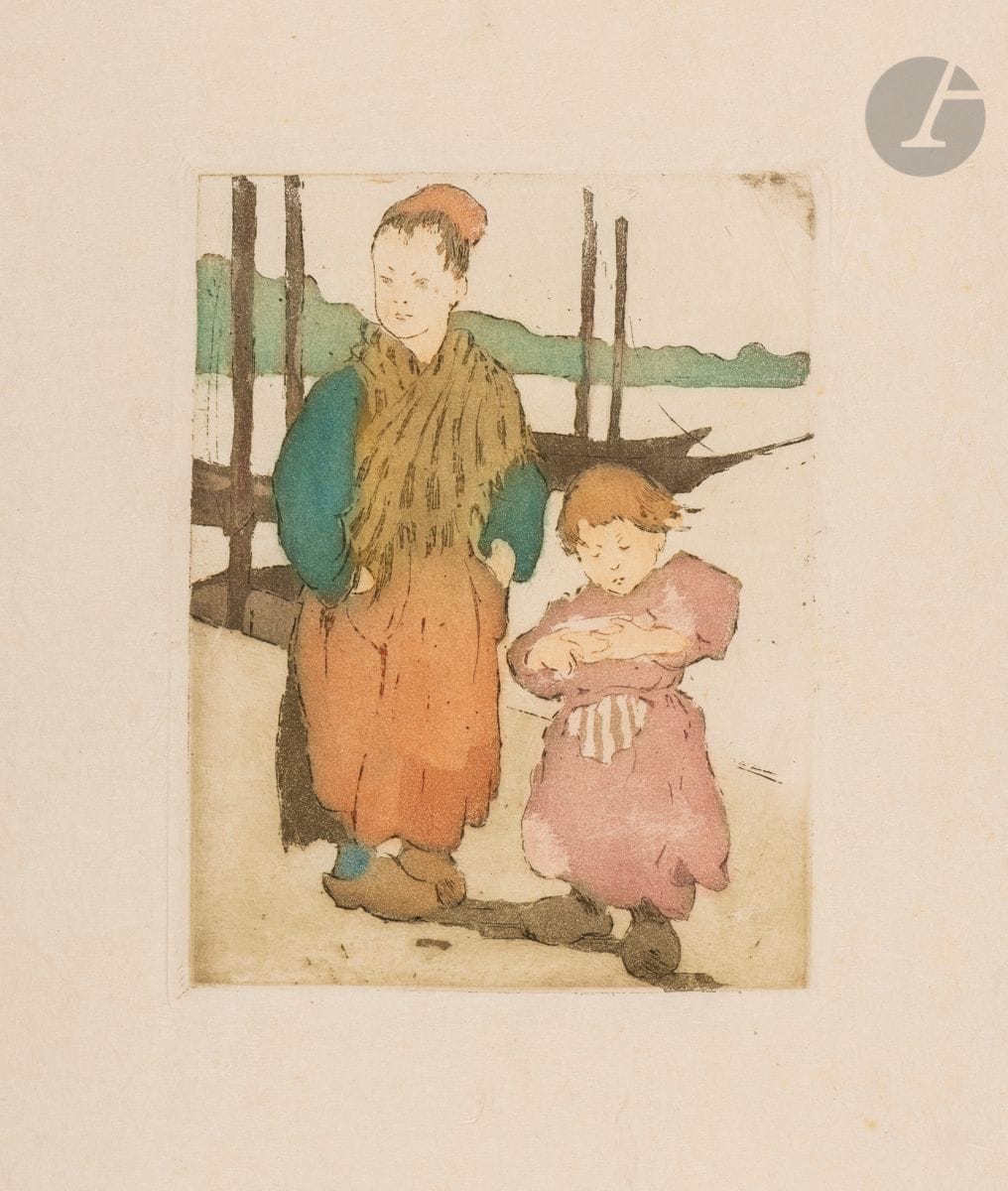 Maud Hunt Squire (American, 1873-1954) 
Two girls on the harbor. Circa 1907. Etching and aquatint. 120 x 150, printed in color. A very fine proof on japon vergé, annotated along the lower edge in pencil "robe de la petite enfant plus claire". Minimal foxing to the edges of the folio. Full margins.