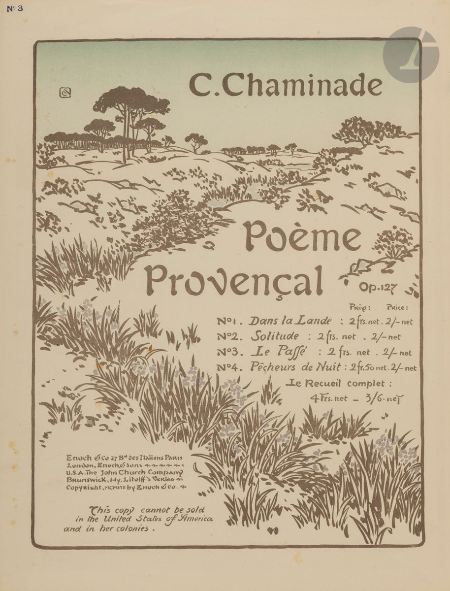 George Auriol (Jean-Georges Huyot, dit) (1863-1938) 
C. Chaminade. Poème provençal. (Illustration pour un titre de mélodie). 1908. Lithographie. 222 x 290. Leroy-Crèvecœur 131. Impression en couleurs. Très belle épreuve sur un double feuillet remplié, complet de la partition musicale. Quelques rares rousseurs claires.