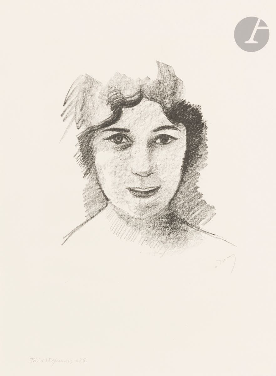 André Derain (1880-1954) 
Tête de femme souriante de face. Vers 1927-1928. Lithographie. 240 x 270. Adhémar 81. Très belle épreuve sur vélin blanc filigrané « J Perrigot », signée puis annotée par l’éditeur « Tiré à 25 épreuves, n° 6 ». Toutes marges. Joint : 1) Tête de femme coupée, de profil à gauche. Vers 1927-1928. Lithographie. 300 x 280. Adhémar 83. Parfaite épreuve sur vélin blanc filigrané « mbm », signée au crayon puis annotée par l’éditeur « Tiré à 25 épreuves, n° 24 ». Toutes marges. Timbre sec : H. Petiet éditeur Paris (Lugt 2021a). 2) Profil, étude au pinceau et à la plume. Vers 1927-1928. Lithographie. 315 x 335. Adhémar 88-4. Belle épreuve sur vélin blanc fort, signée au crayon puis annotée par l’éditeur « Tiré à 25 épreuves, n° 24 ». Larges rousseurs claires éparses. Trace d’oxydation aux bords du feuillet. Toutes marges. Timbre sec : H. Petiet éditeur Paris (Lugt 2021a). Ens. 3 p.