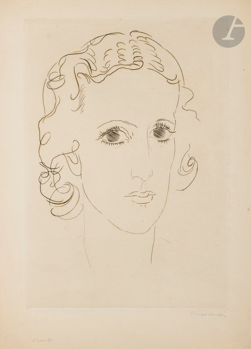 Louis Marcoussis (Ludwik Kazimierz Władysław Markus, dit) (1883-1941) 
Marie-Laure de Noailles. 1936. Burin. 245 x 352. Milet 177. Très belle épreuve sur vélin crème fort, du 6e état (sur 7), avant le monogramme gravé et la modification des yeux, signée et annotée « 6e état 3/5 » au crayon, légèrement oxydée. Court pli cassé dans l’angle inférieur droit. Toutes marges. 

Provenance :
Atelier de l’artiste