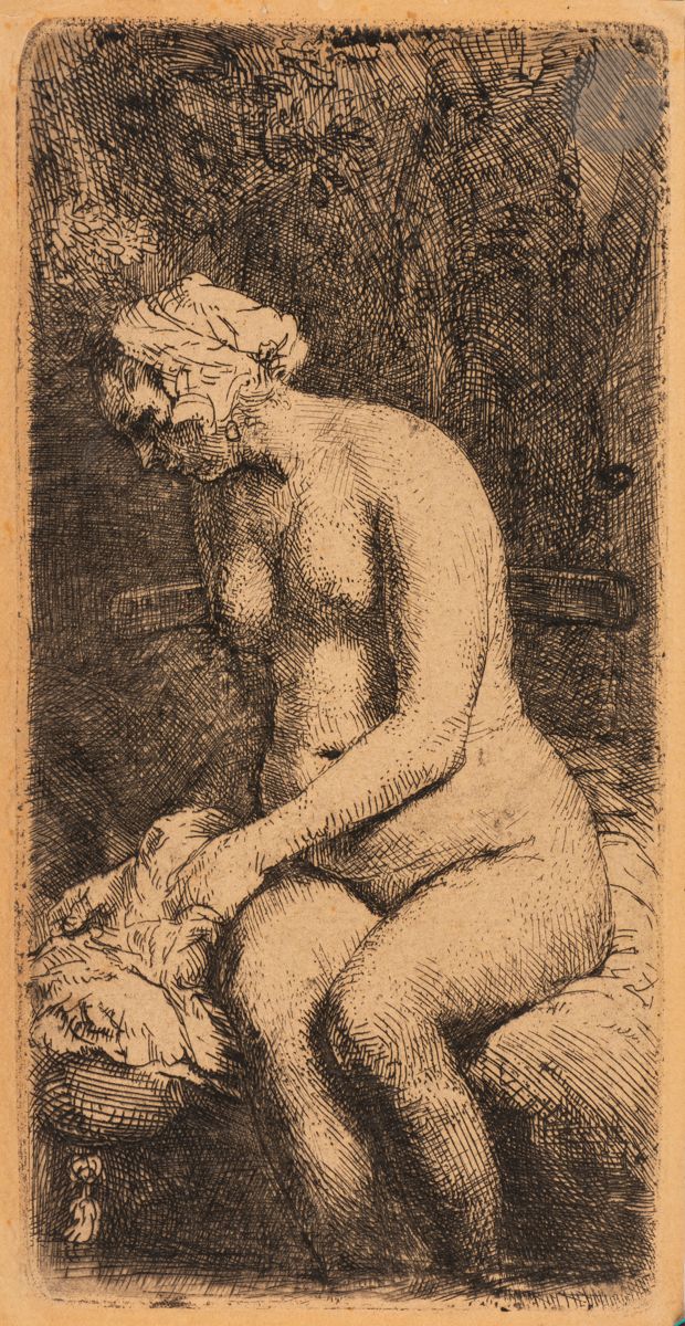 Rembrandt Harmensz. van Rijn (1606-1669)
Nude woman, feet in the water. 1658. Etching and drypoint. 79 x 158. Bartsch 200; New Hollstein 309. Very fine proof on buff mechanical laid paper, from a Bernard edition (19th century). Small margins [85 x 165].